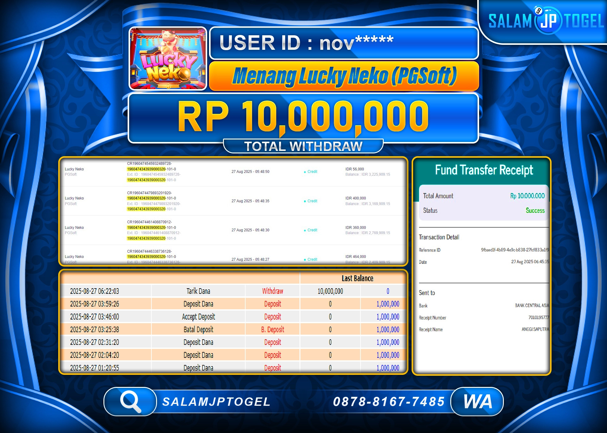 SALAMJPTOGEL MENANG Lucky Neko (PGSOFT) Rp.10,000,000