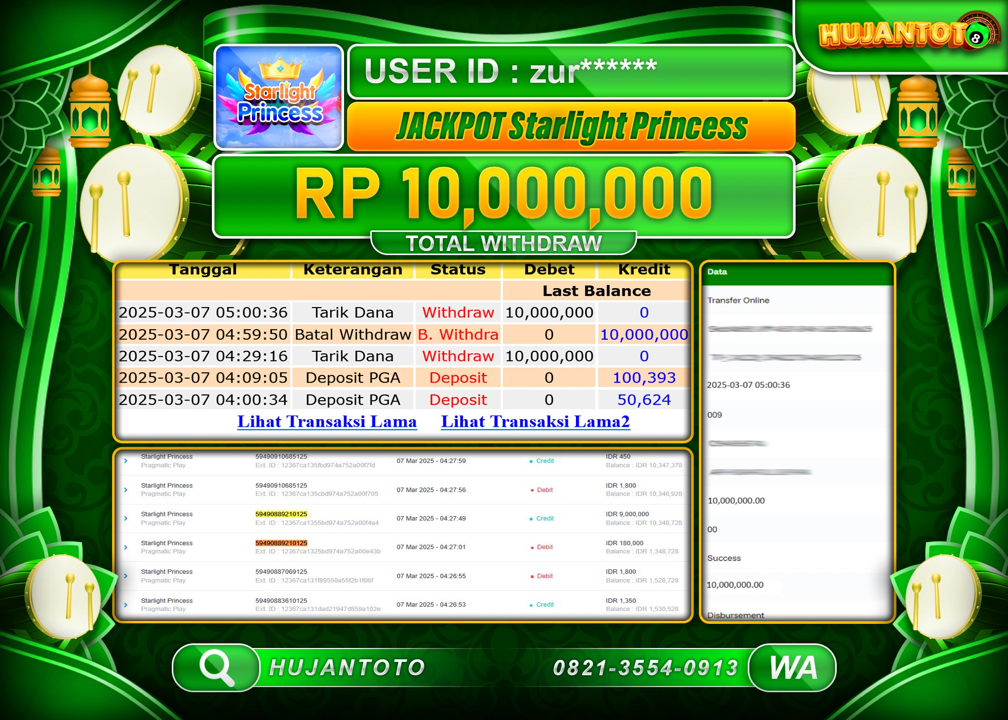 HUJANTOTO - BUKTI JACKPOT MENANG SLOT STARLIGHT PRINCESS, Rp,10,000,000  - TERBAYAR LUNAS