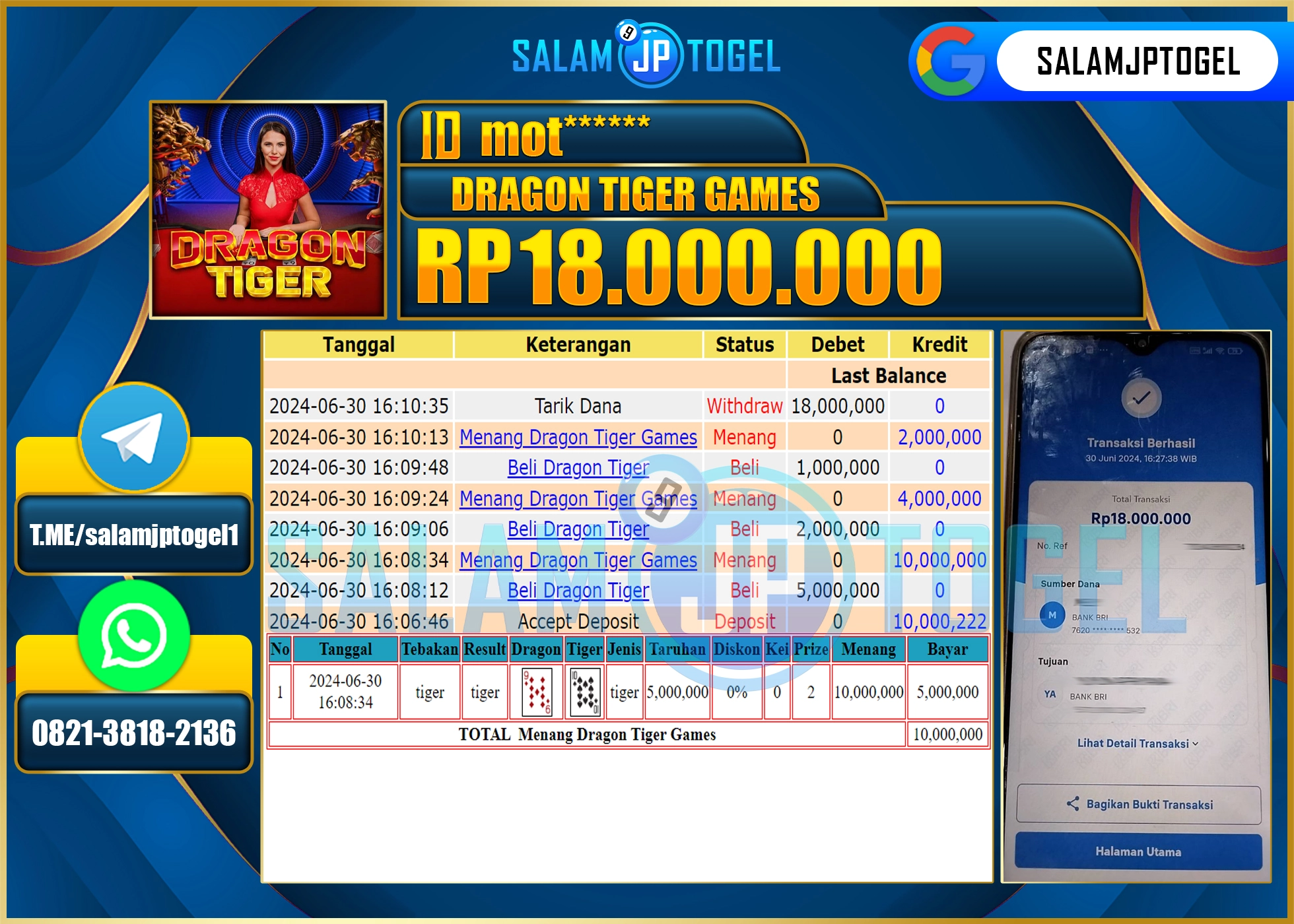 SALAMJPTOGEL MENANG Dragon Tiger Games RP. 18,000,000.,LUNAS