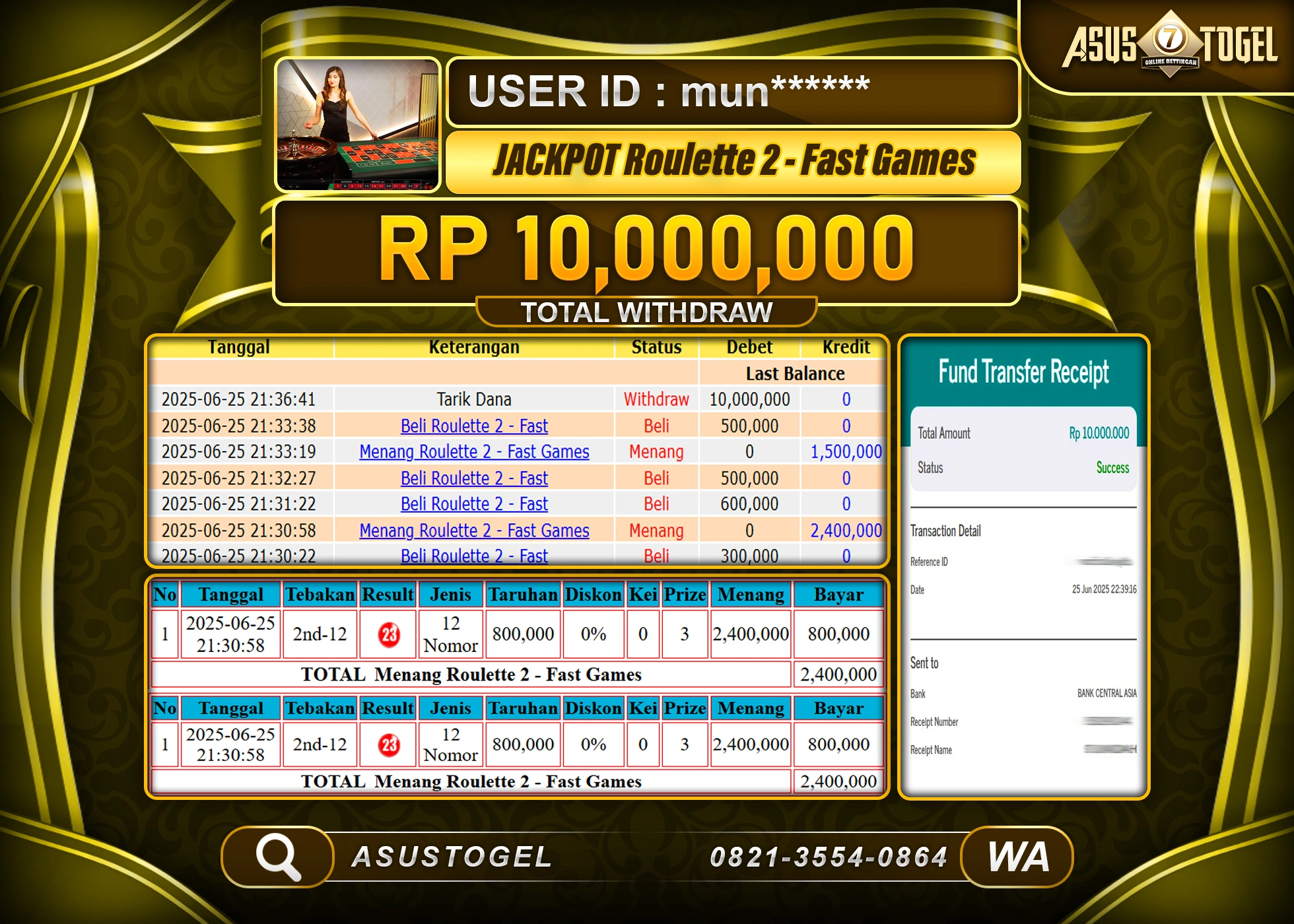 ASUSTOGEL KEMENANGAN DI LIVEGAMES ROULETTE 2 SEBESAR 10,000,000- RUPIAH LUNAS