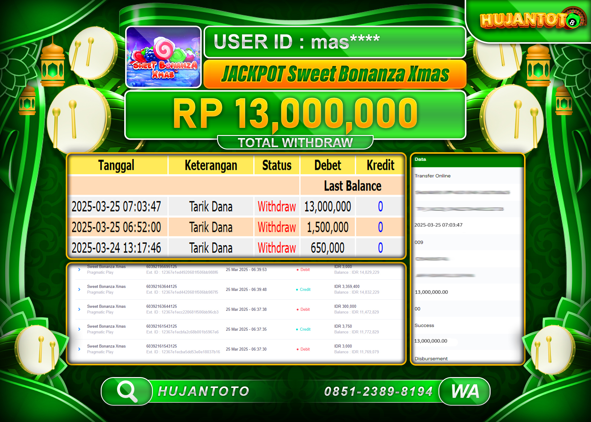 HUJANTOTO - BUKTI JACKPOT MENANG SLOT SWEET BONANZA XMAS Rp,13,000,000- TERBAYAR LUNAS