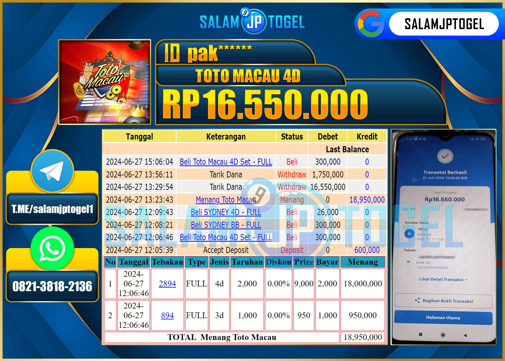 SALAMJPTOGEL MENANG TOTO MACAU RP. 16,550,000.,LUNAS