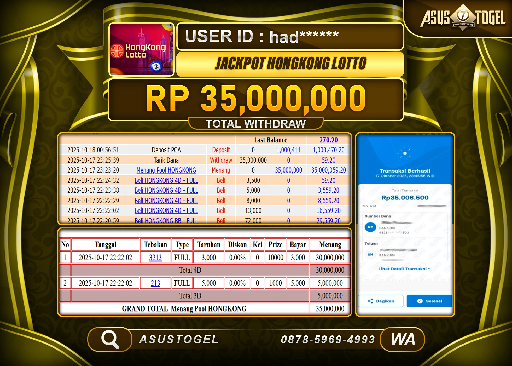 ASUSTOGEL KEMENANGAN DI TOGEL HONGKONG LOTTO SEBESAR 35,000,000- RUPIAH LUNAS