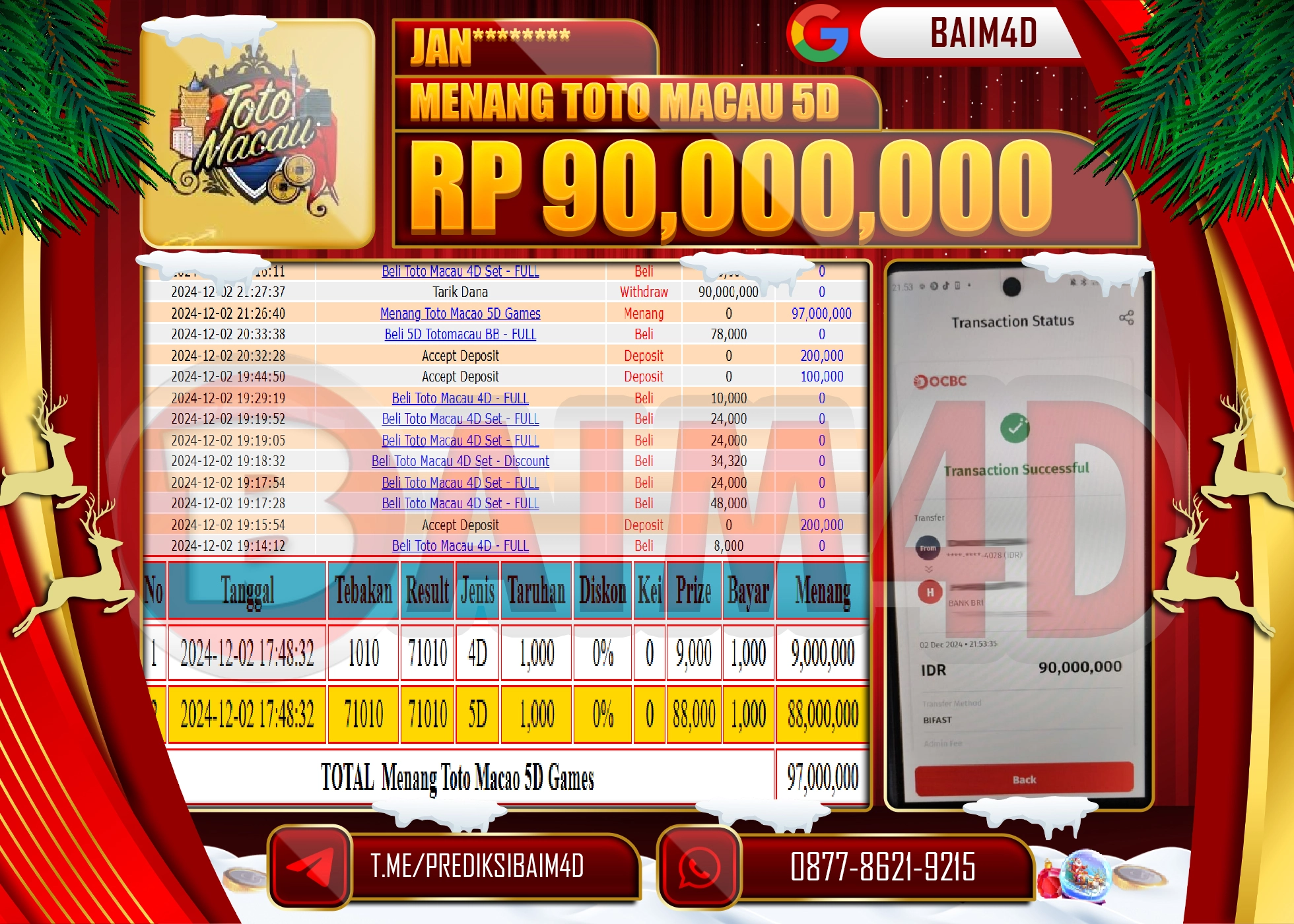 BAIM4D JACKPOT MENANG TOTO MACAU 5D POOLS Rp.90.000,000.- LUNAS