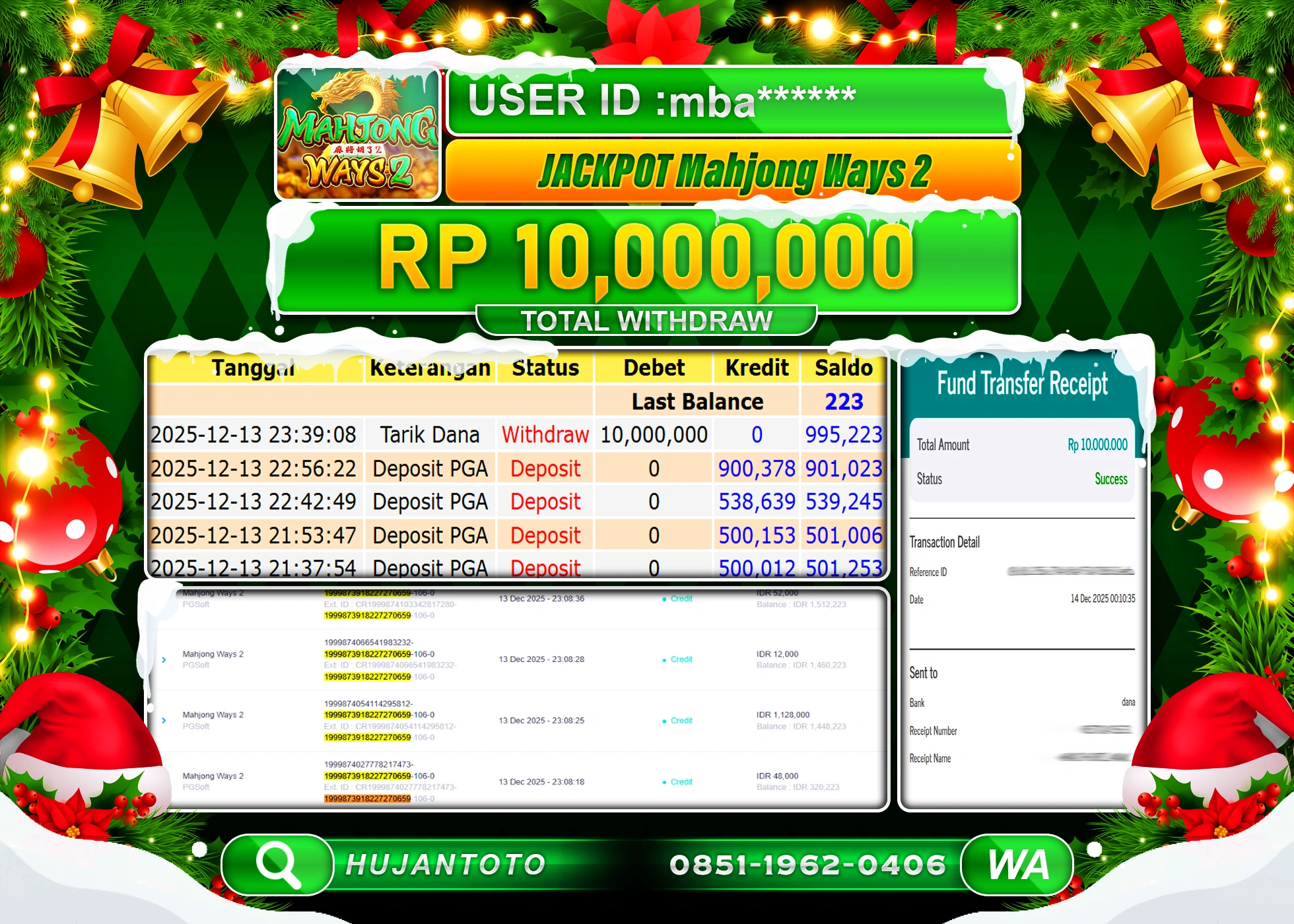 HUJANTOTO - BUKTI JACKPOT MENANG SLOT MAHJONG WAYS 2 Rp.10,000,000 - TERBAYAR LUNAS