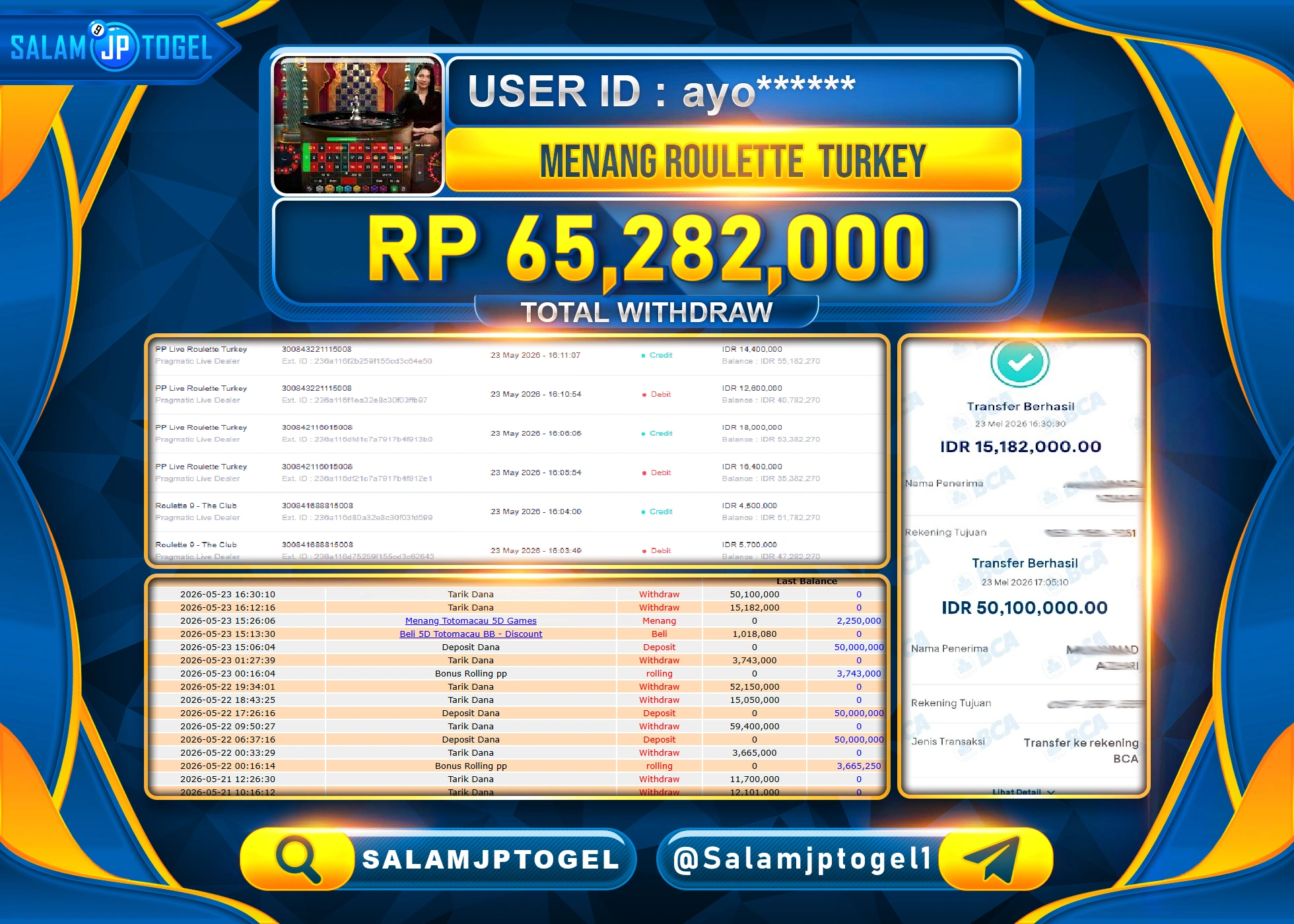 SALAMJPTOGEL JACKPOT LIVEGAMES LIVE ROLETTE TURKEY Rp.65,282,000 - LUNAS