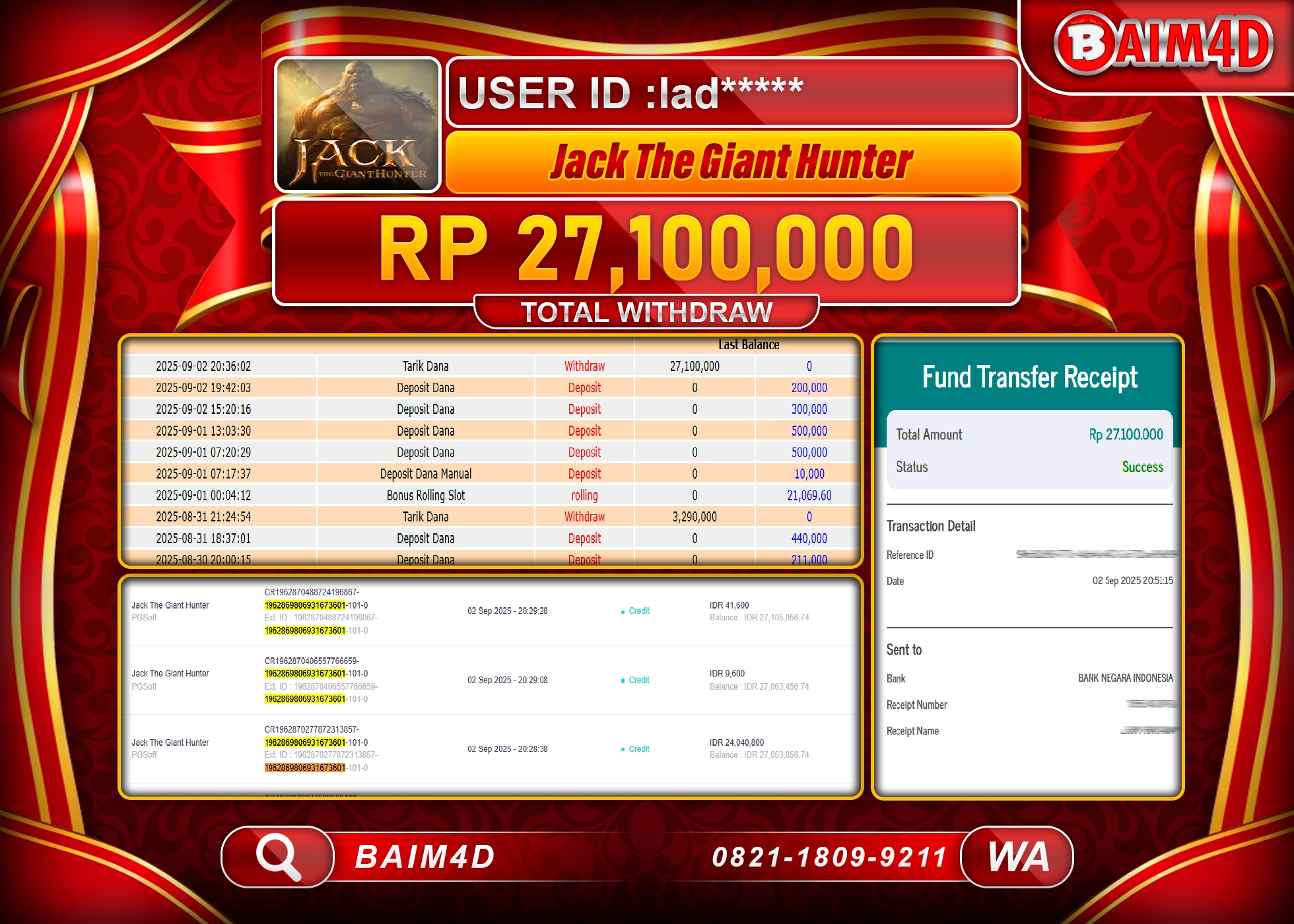 BAIM4D JACKPOT MENANG JACK THE GIANT HUNTER Rp.27,100,000.- LUNAS