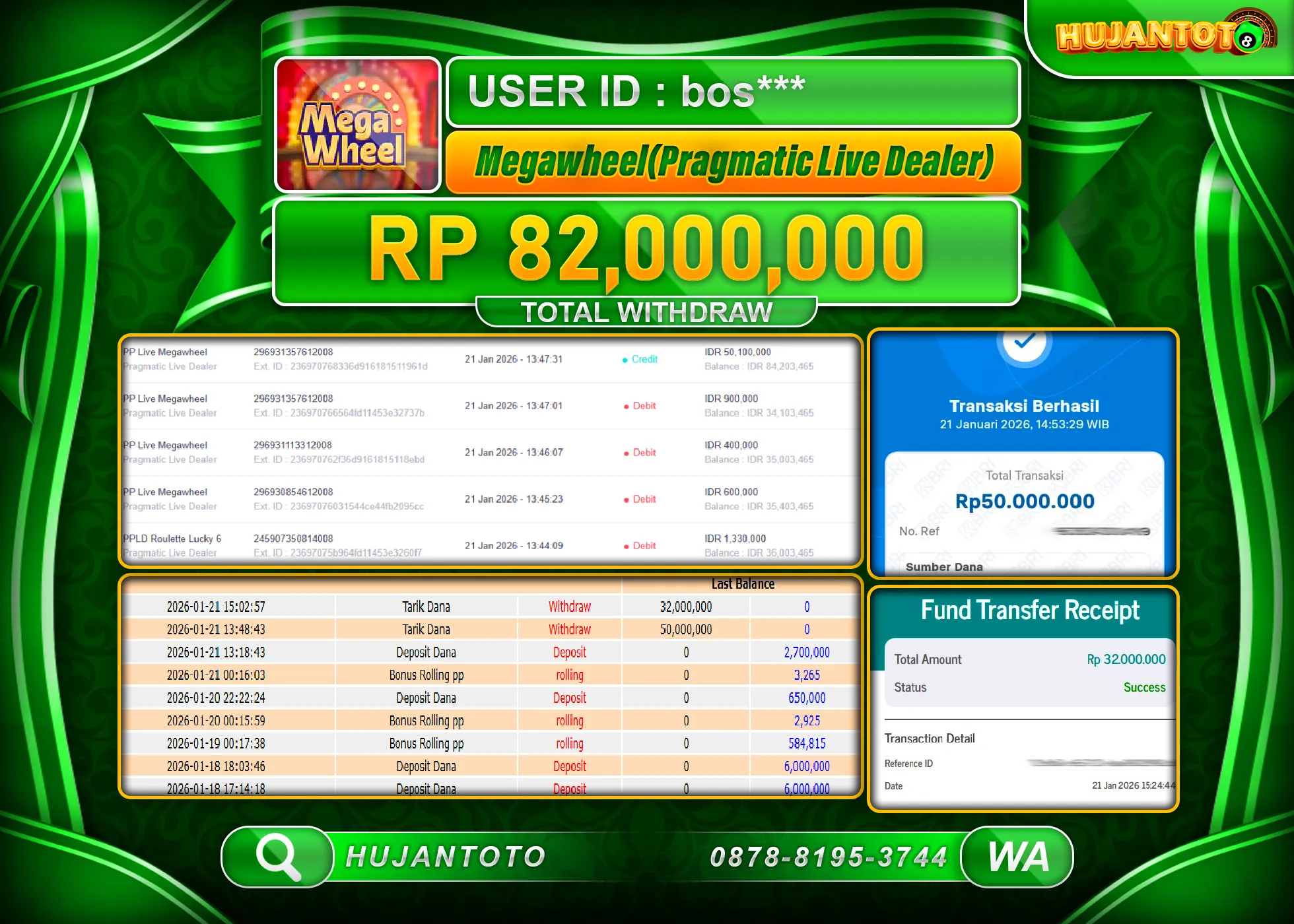 HUJANTOTO - BUKTI JACKPOT MENANG  MEGAWHEEL PRAGMATIC LIVE DEALER Rp.82,000,000 - TERBAYAR LUNAS
