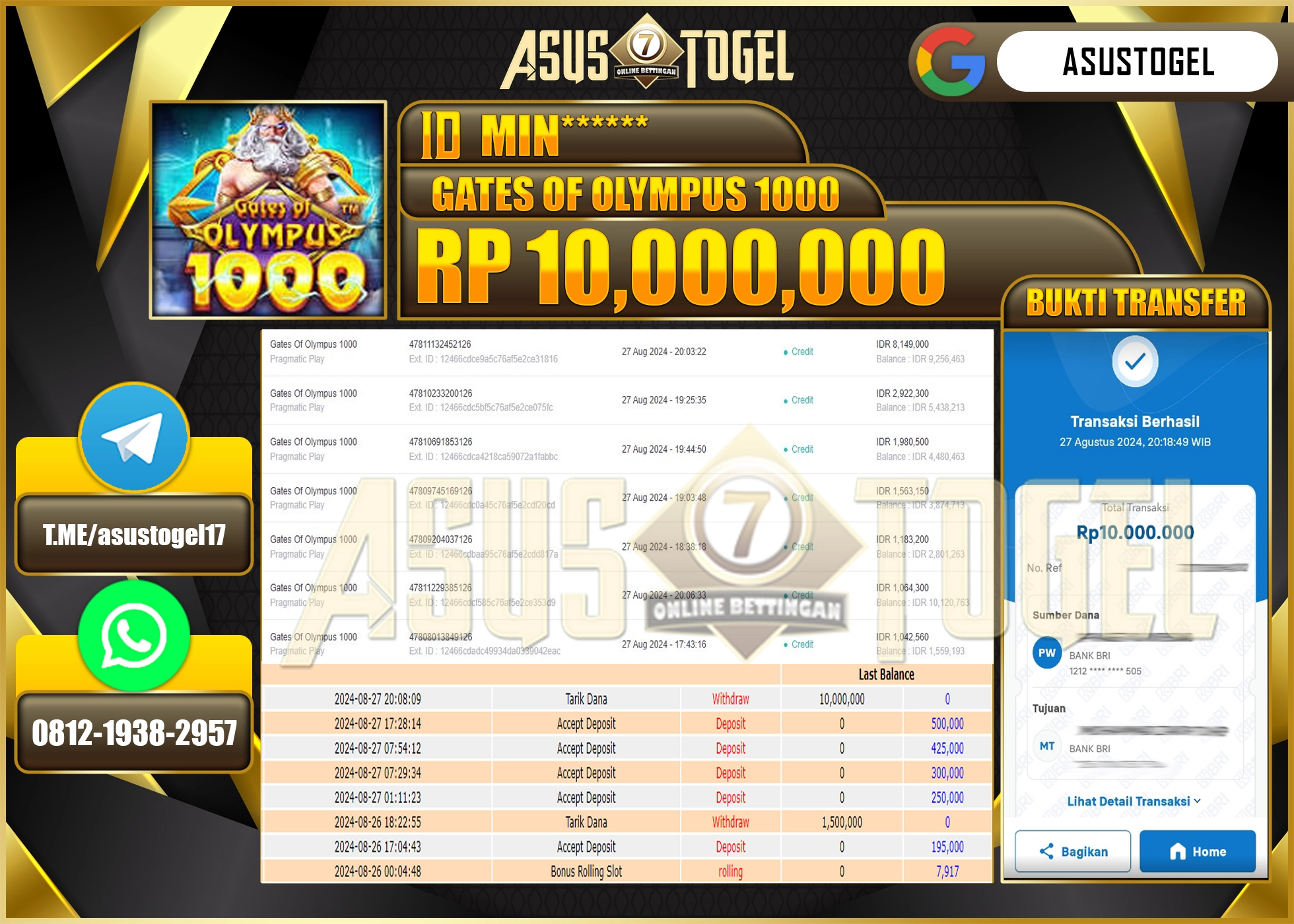 ASUSTOGEL KEMENANGAN DI GATES OF OLYMPUS 1000 SEBESAR 10,000,000- RUPIAH LUNAS
