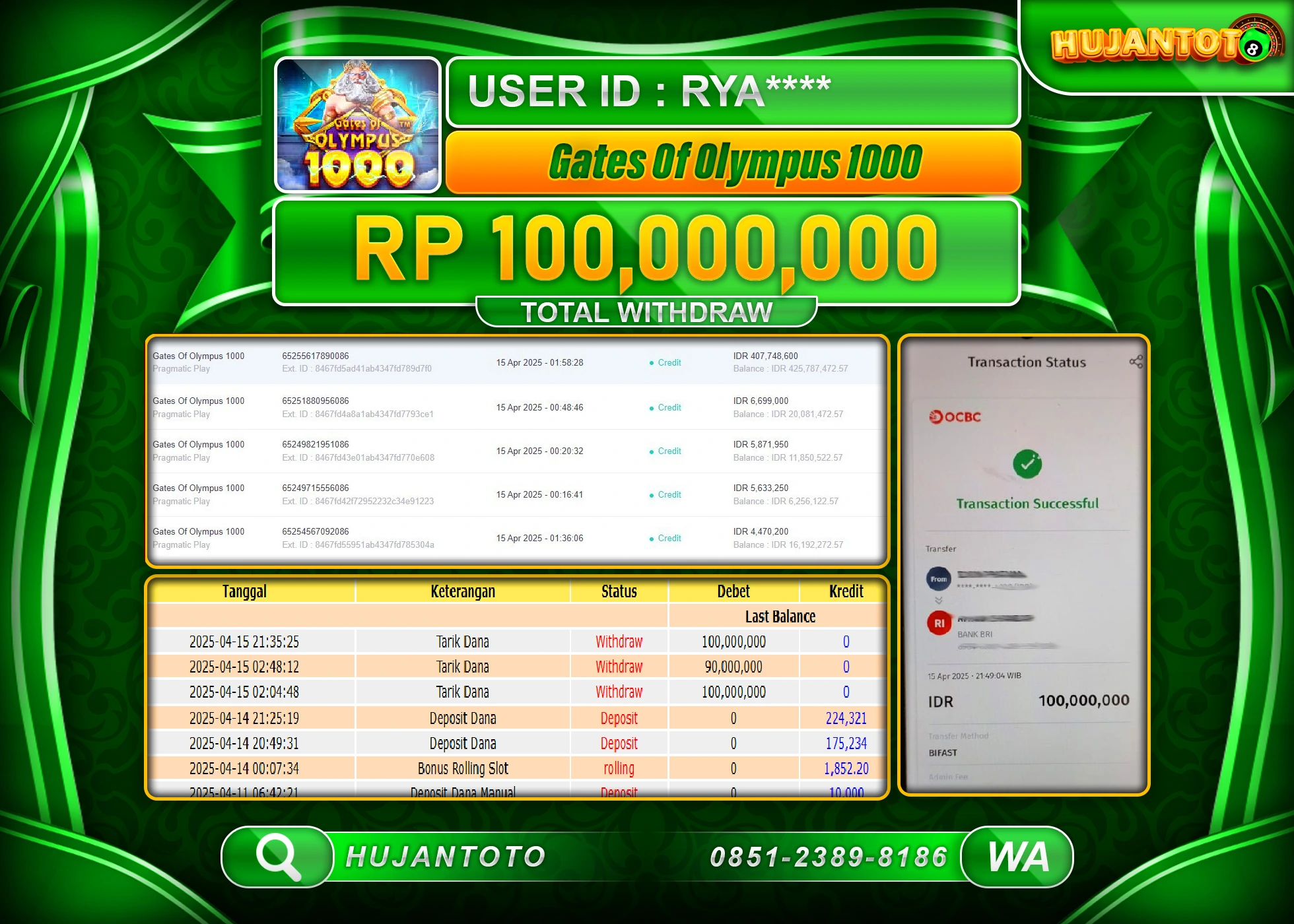 HUJANTOTO - BUKTI JACKPOT MENANG SLOT GATES OF OLYMPUS 1000 Rp,100,000,000  - TERBAYAR LUNAS