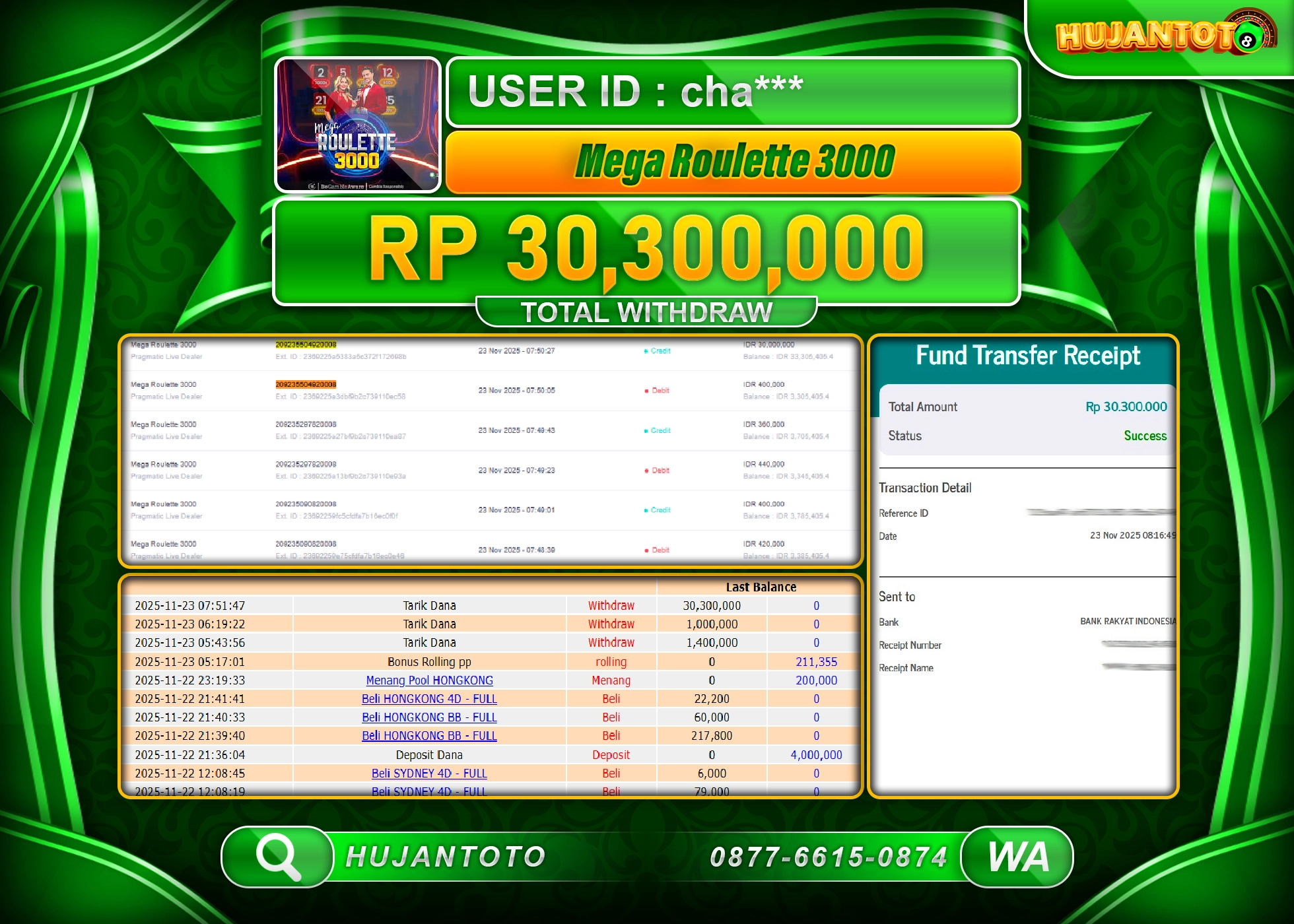 HUJANTOTO - BUKTI JACKPOT MENANG LIVE GAME MEGA ROULETTE 3000 Rp.30,300,000 - TERBAYAR LUNAS