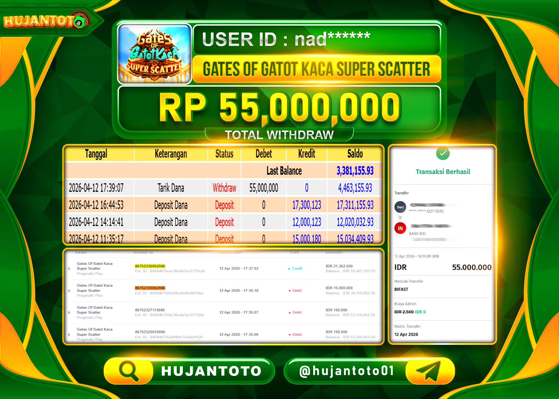 HUJANTOTO - BUKTI JACKPOT MENANG GATES OF GATOT KACA SUPER SCATTER Rp.55,000,000 - TERBAYAR LUNAS