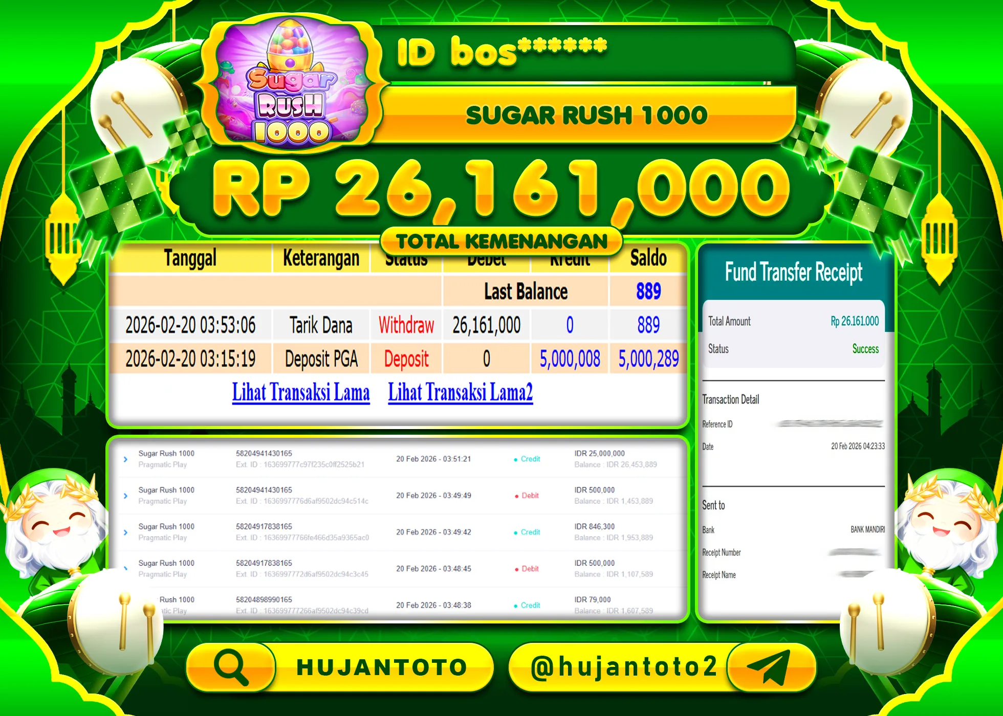 HUJANTOTO - BUKTI JACKPOT MENANG SLOT SUGAR RUSH 1000 Rp.26,161,000- TERBAYAR LUNAS