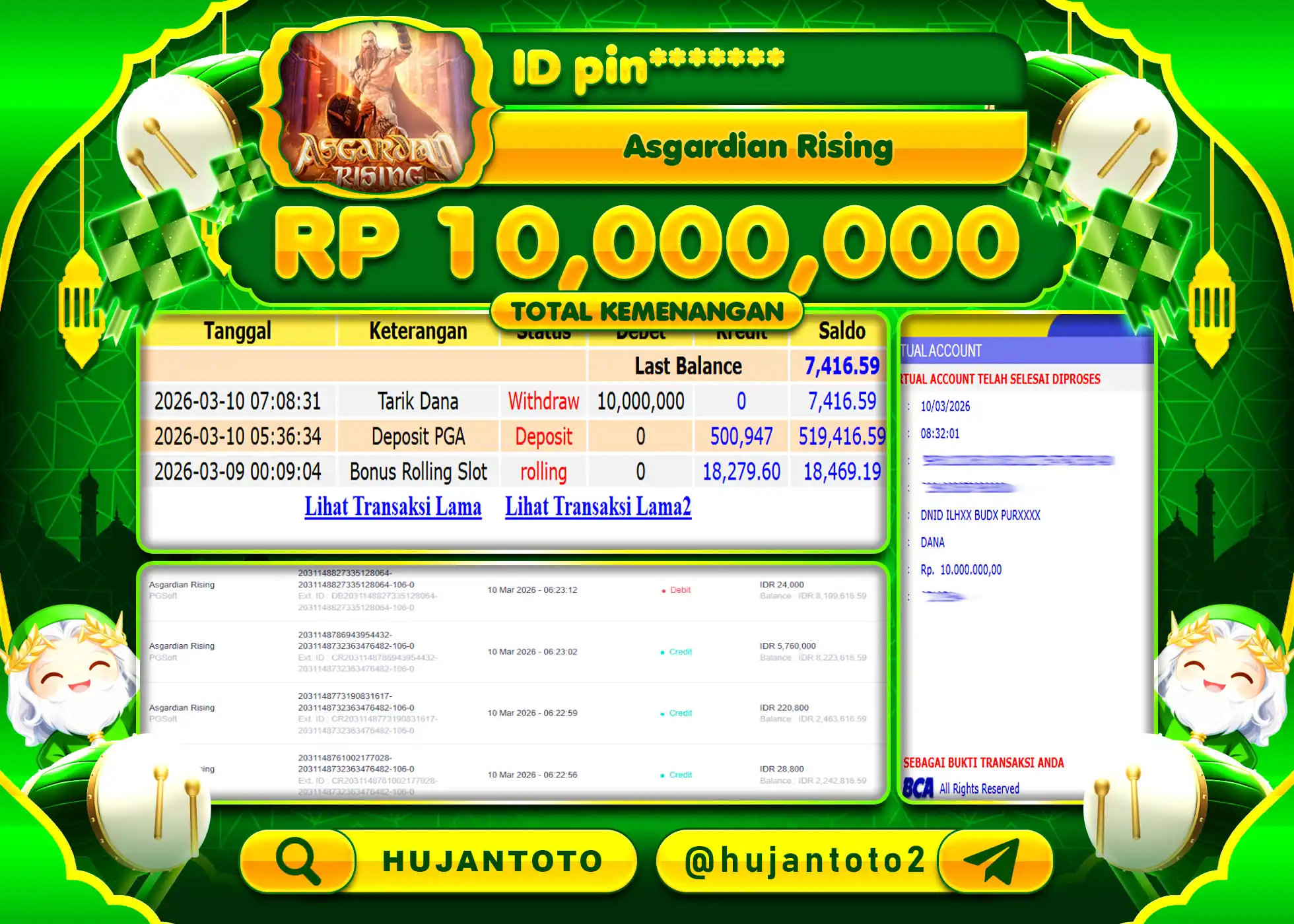 HUJANTOTO - BUKTI JACKPOT MENANG SLOT ASGARDIAN RISING Rp.10,000,000 - TERBAYAR LUNAS