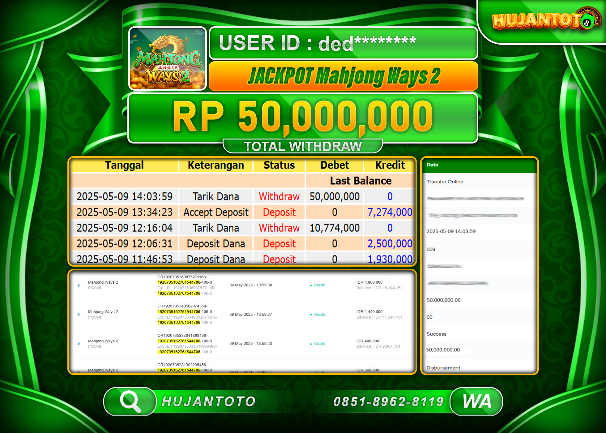 HUJANTOTO - BUKTI JACKPOT MENANG SLOT PG SOFT MAHJONG WAYS 2 Rp,50,000,000- TERBAYAR LUNAS