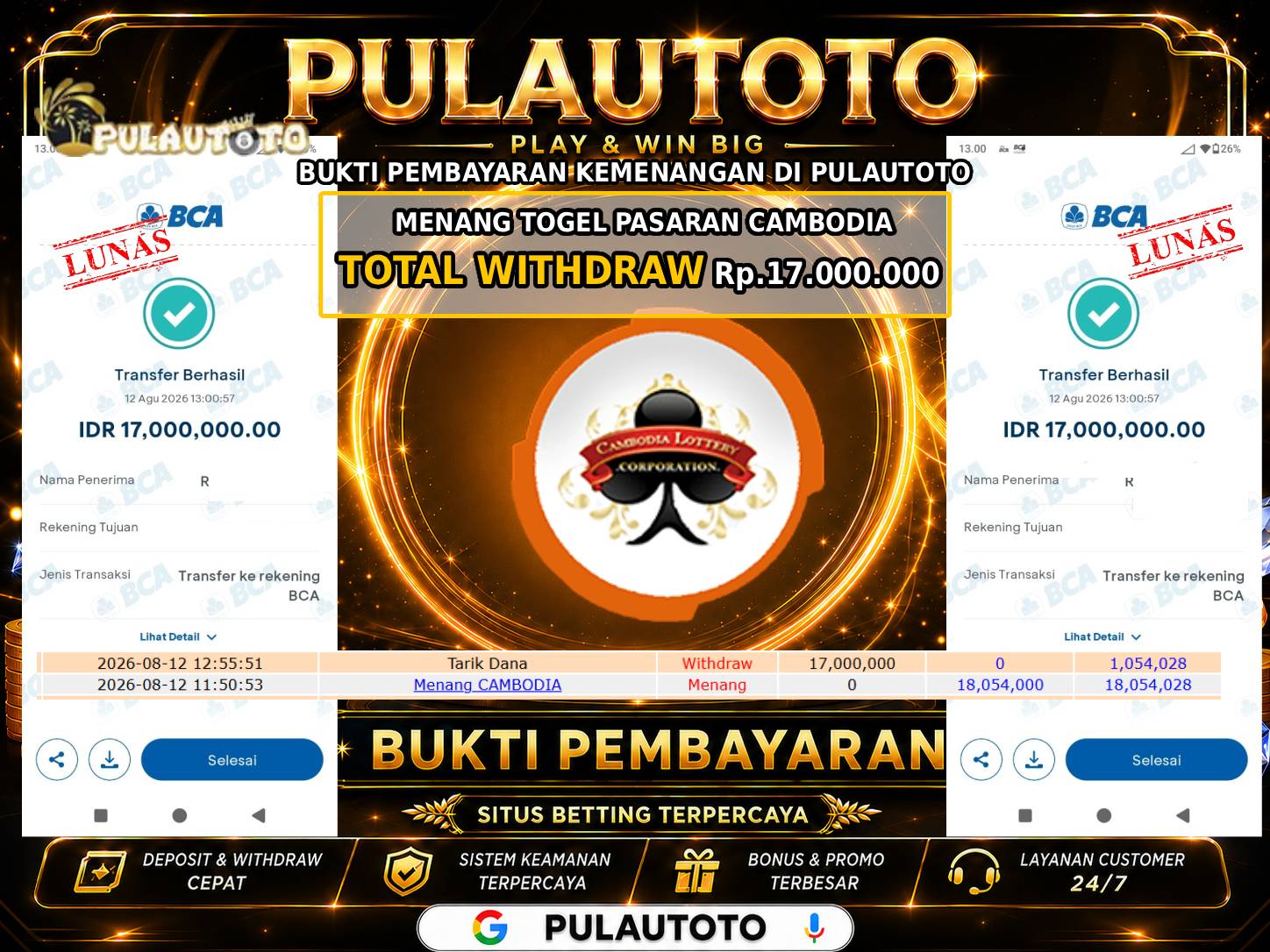 🏆 BUKTI KEMENANGAN MEMBER PULAUTOTO KEMENANGAN CAMBODIA POOLS🏆
