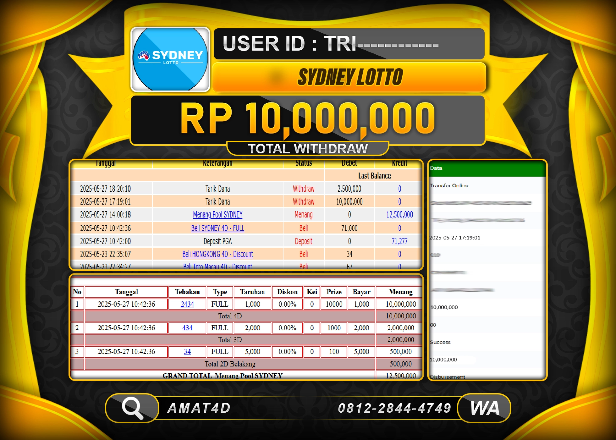 AMAT4D KEMENANGAN PASARAN SIDNEY LOTTO Rp.10.000.000 BERHASIL TERBAYAR LUNAS