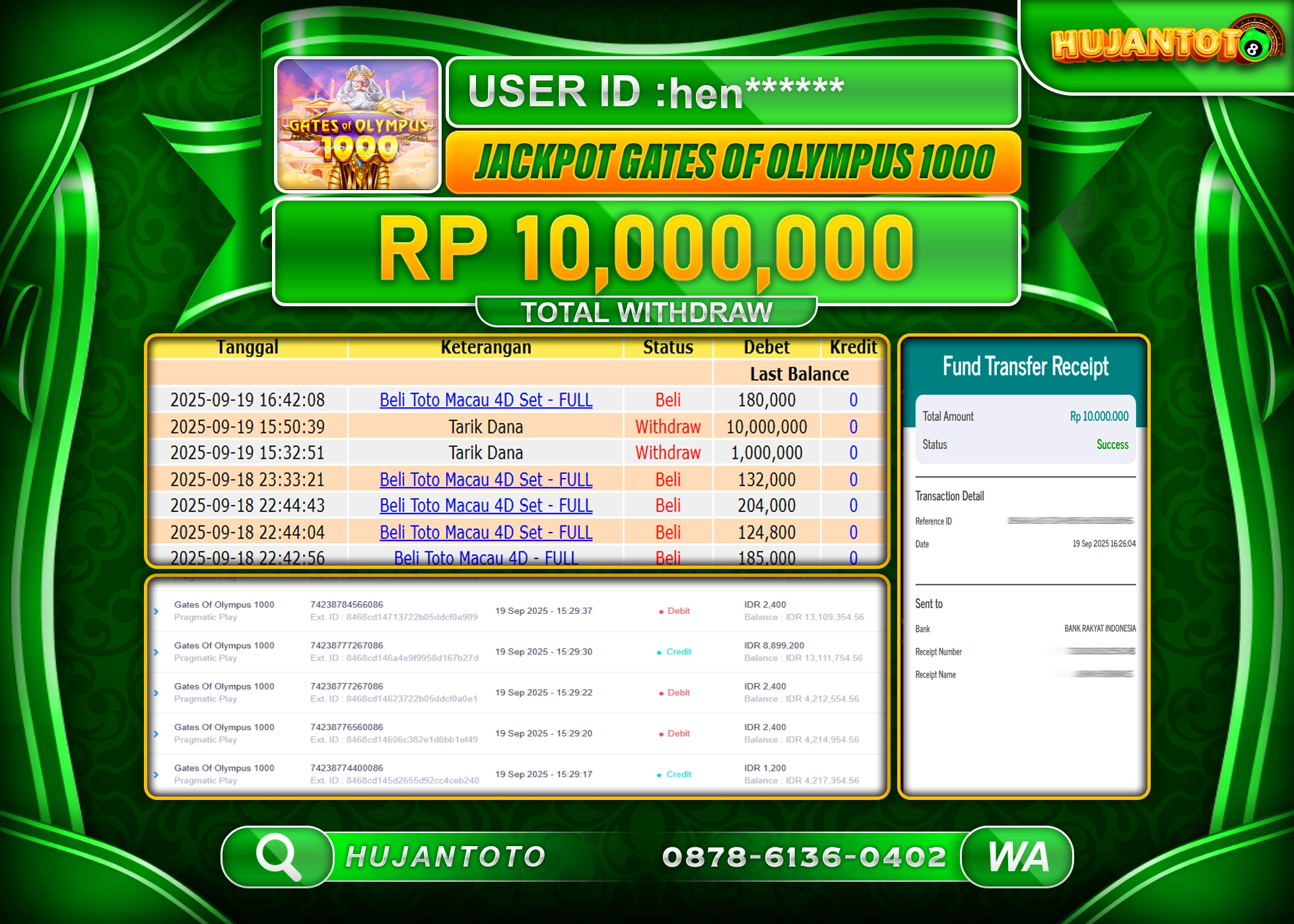 HUJANTOTO - BUKTI JACKPOT MENANG SLOT GATES OF OLYMPUS 1000 Rp.10,000,000 - TERBAYAR LUNAS