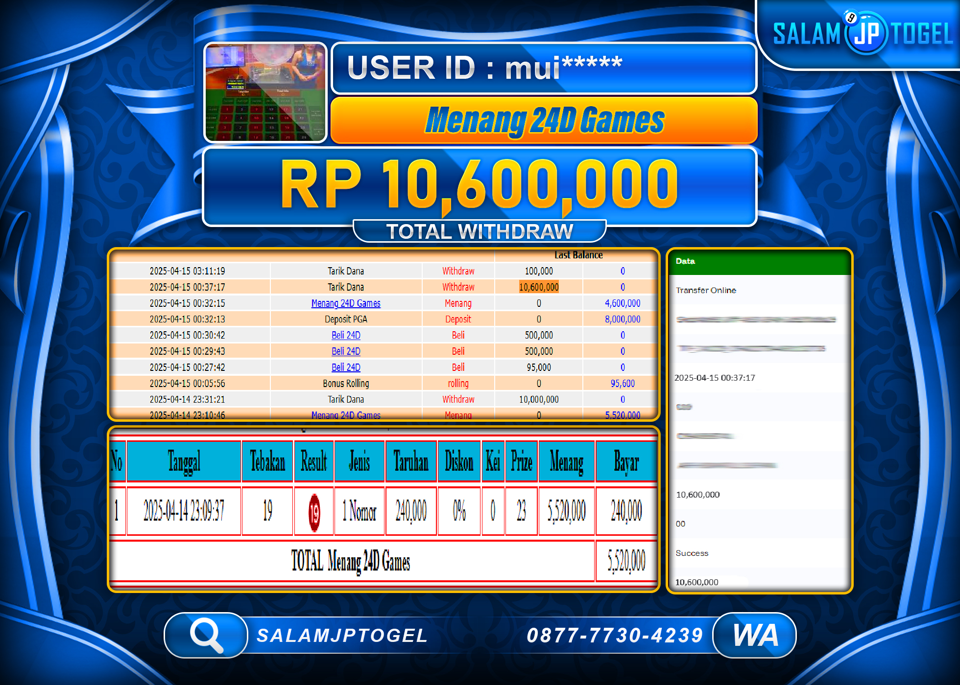 SALAMJPTOGEL MENANG 24D GAMES Rp. 10,600,000 LUNAS