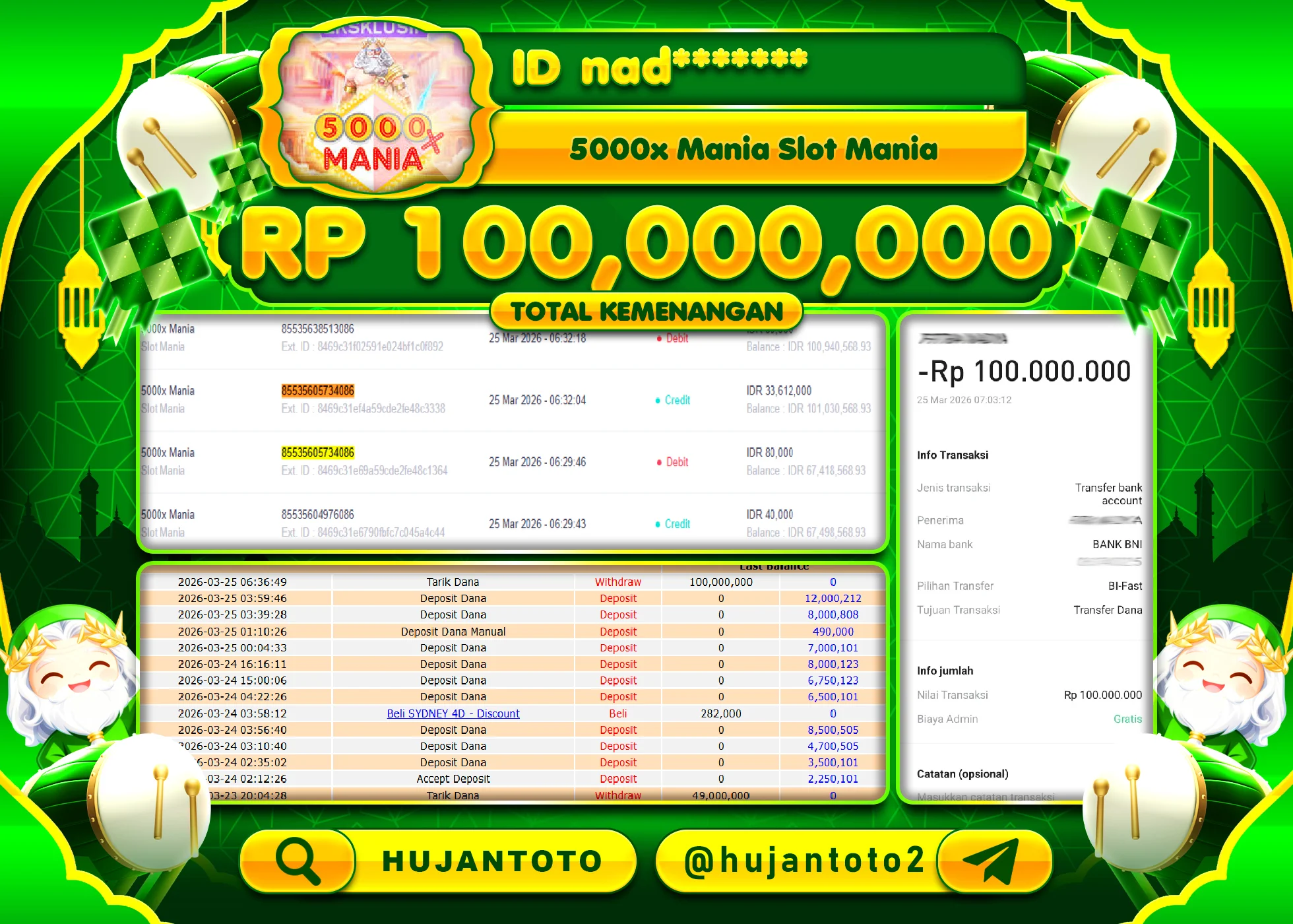 HUJANTOTO - BUKTI JACKPOT MENANG SLOT 5000 X SLOT MANIA Rp.100,000,000 - TERBAYAR LUNAS