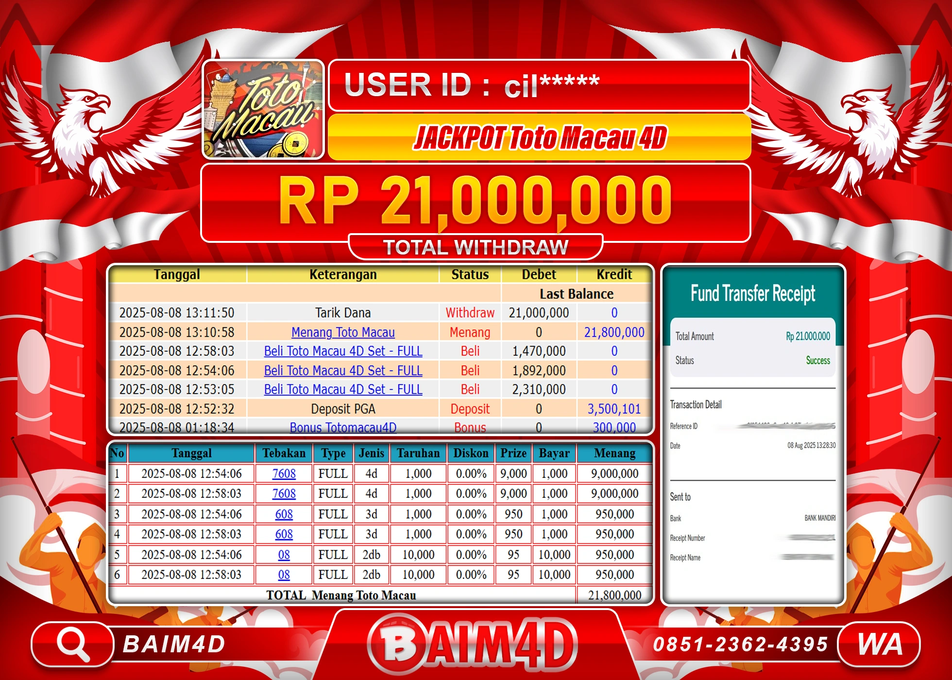 BAIM4D JACKPOT TOGEL TOTO MACAU 4D Rp.21,000,000.- LUNAS