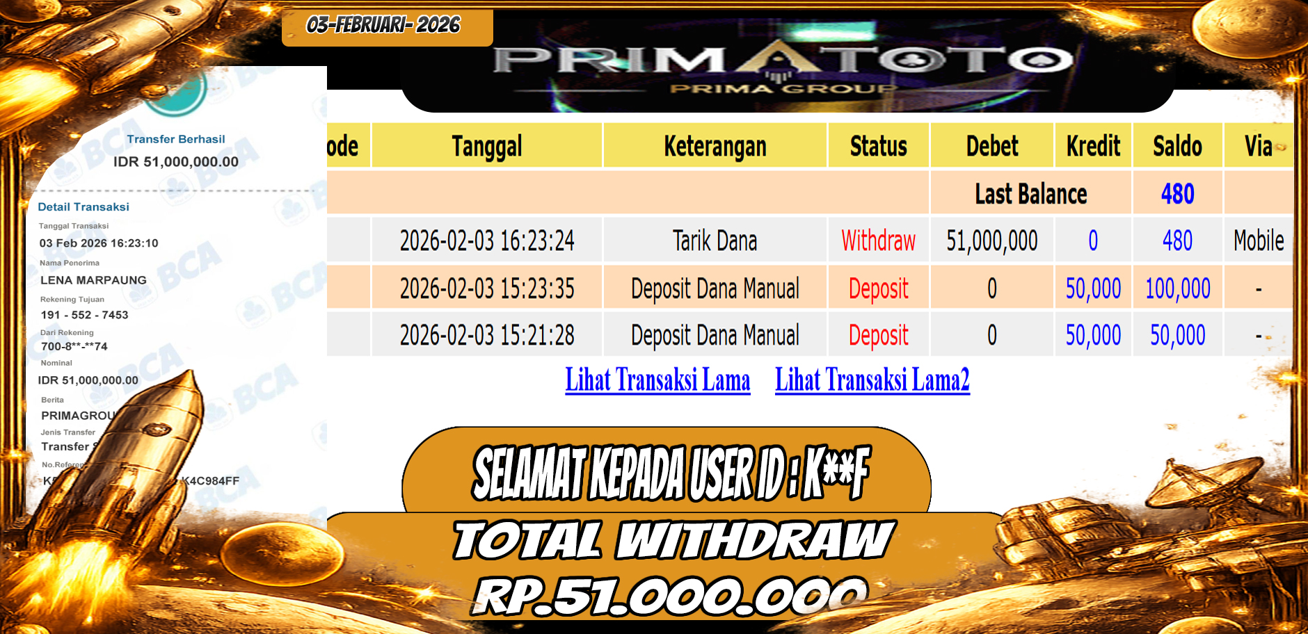 PRIMATOTO-JACKPOT SLOT GAME MAHJONG WAYS WIN 2 HINGGA 51 JUTA, 03 FEBRUARI 2026