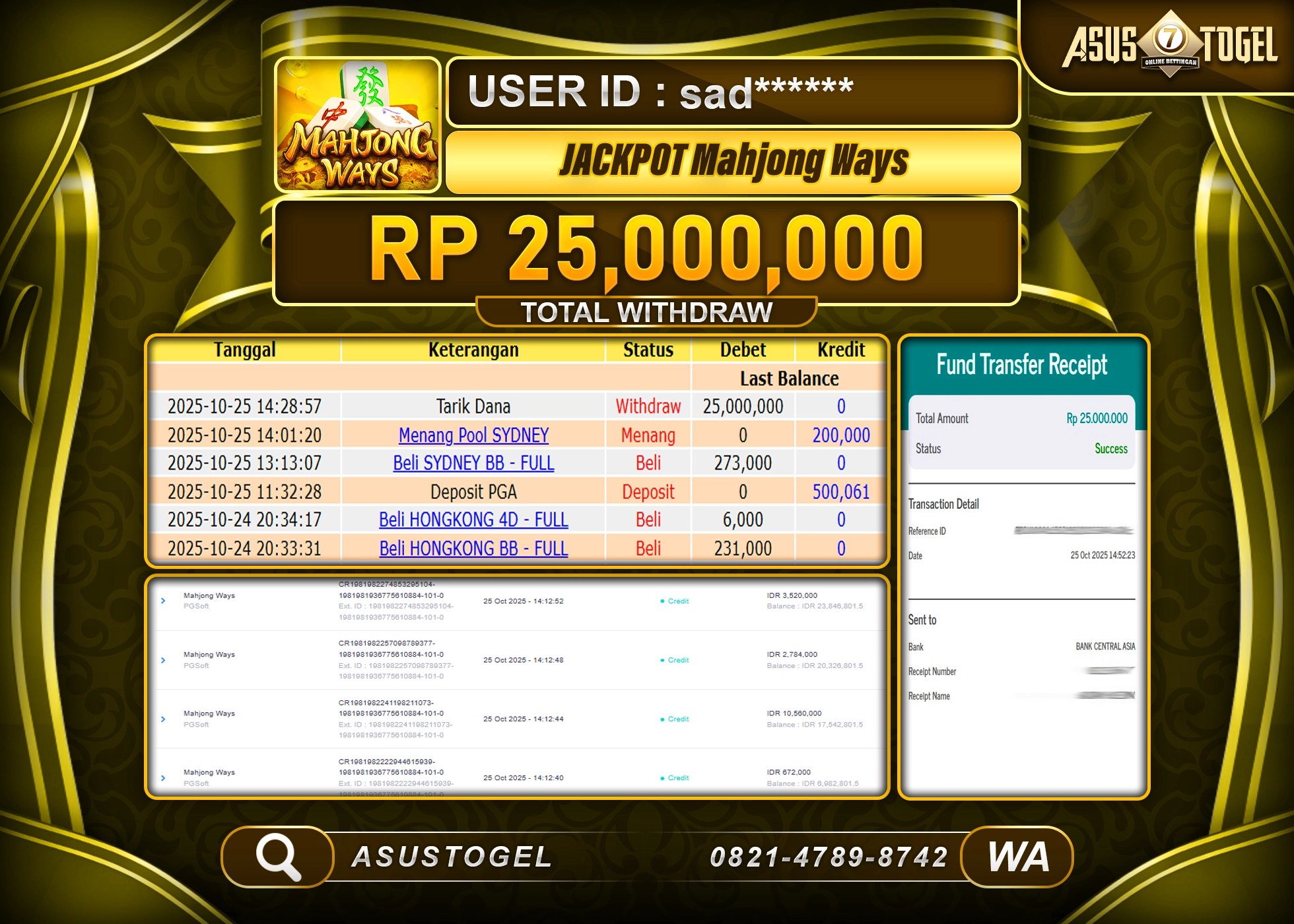 ASUSTOGEL KEMENANGAN DI SLOT MAHJONG WAYS SEBESAR 25,000,000- RUPIAH LUNAS