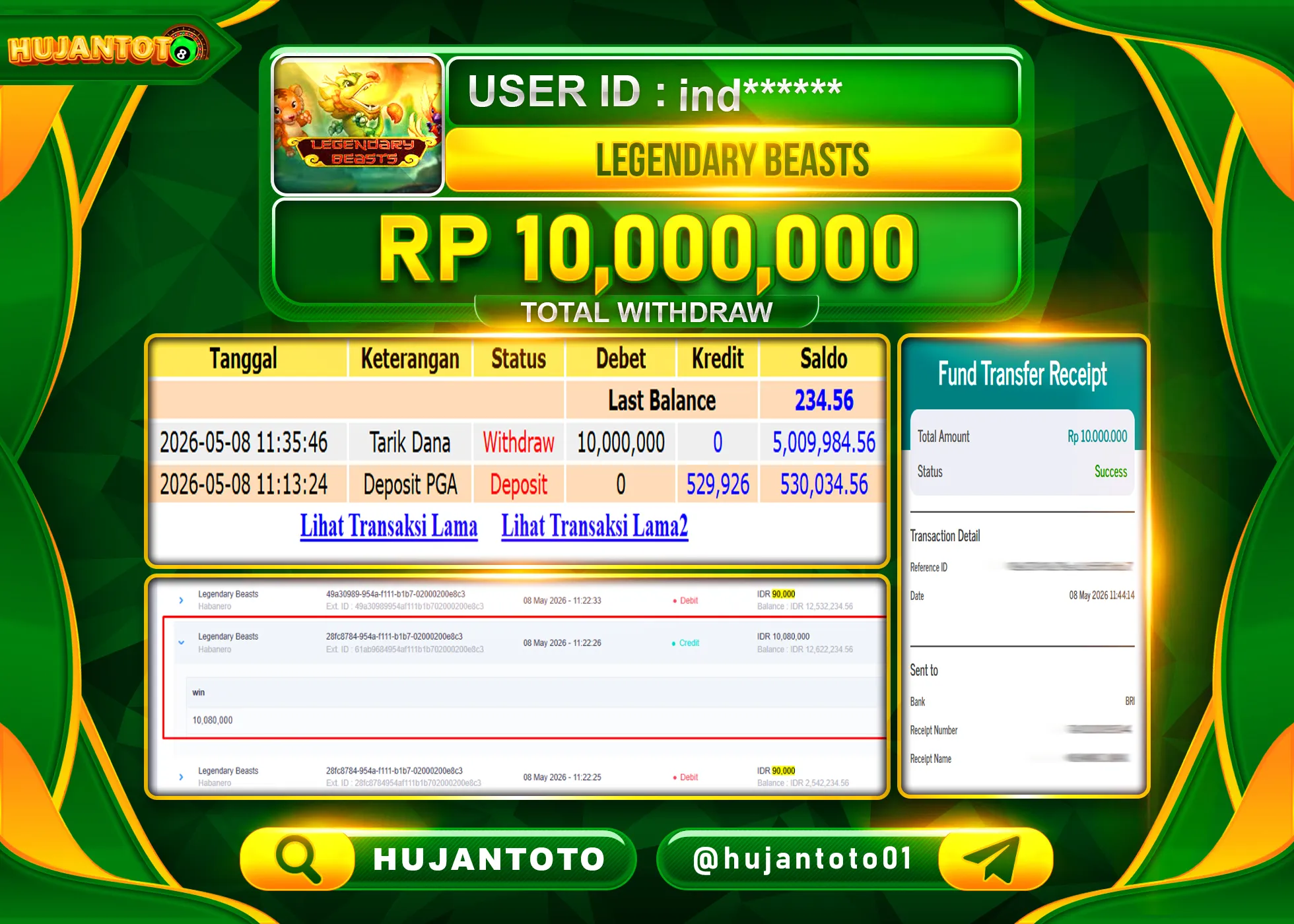 HUJANTOTO - BUKTI JACKPOT MENANG SLOT LEGENDARY BEASTS HABANERO  Rp.10,000,000 - TERBAYAR LUNAS