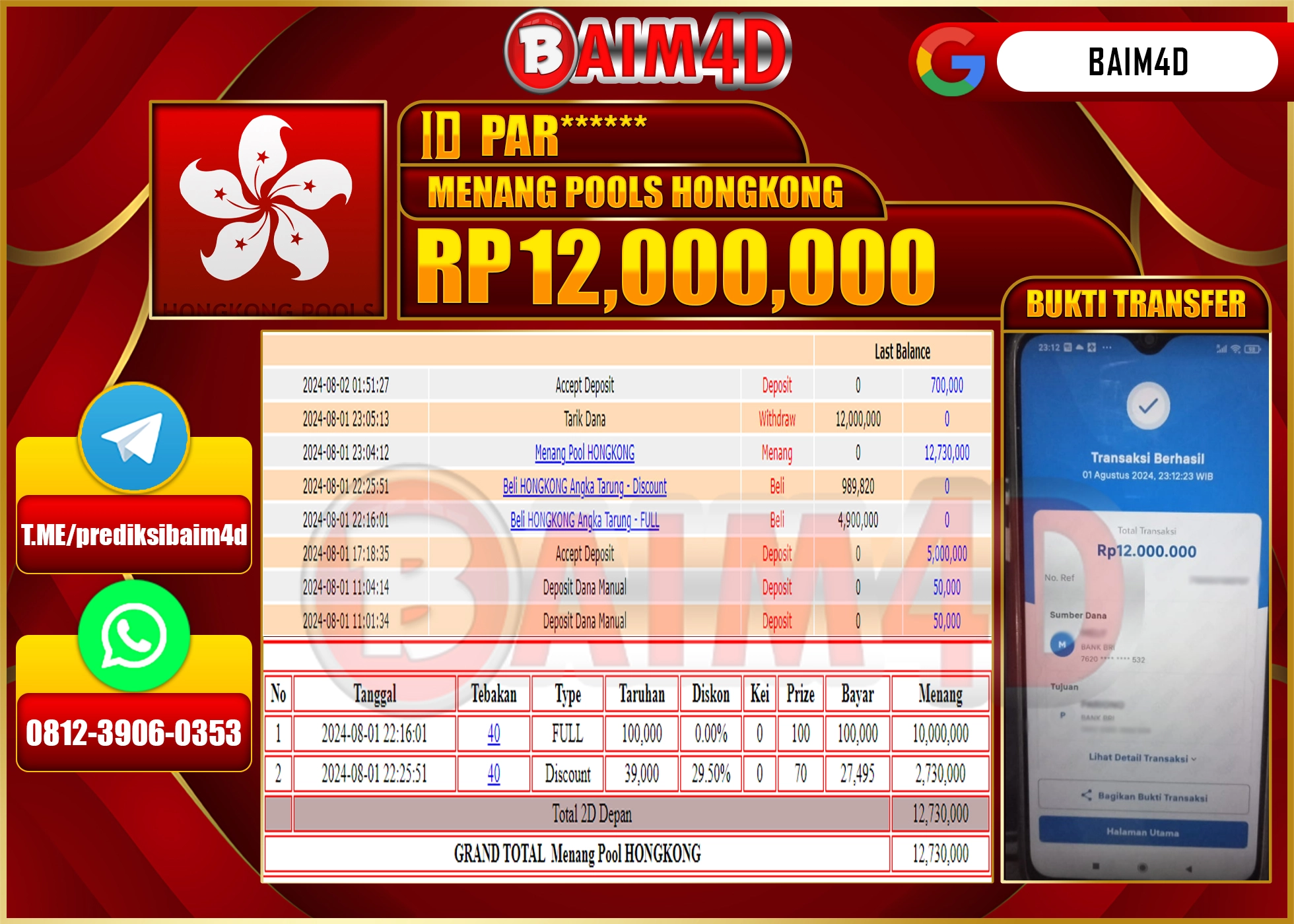 BAIM4D JACKPOT  POOLS HONGKONG Rp.12.000,000.- LUNAS