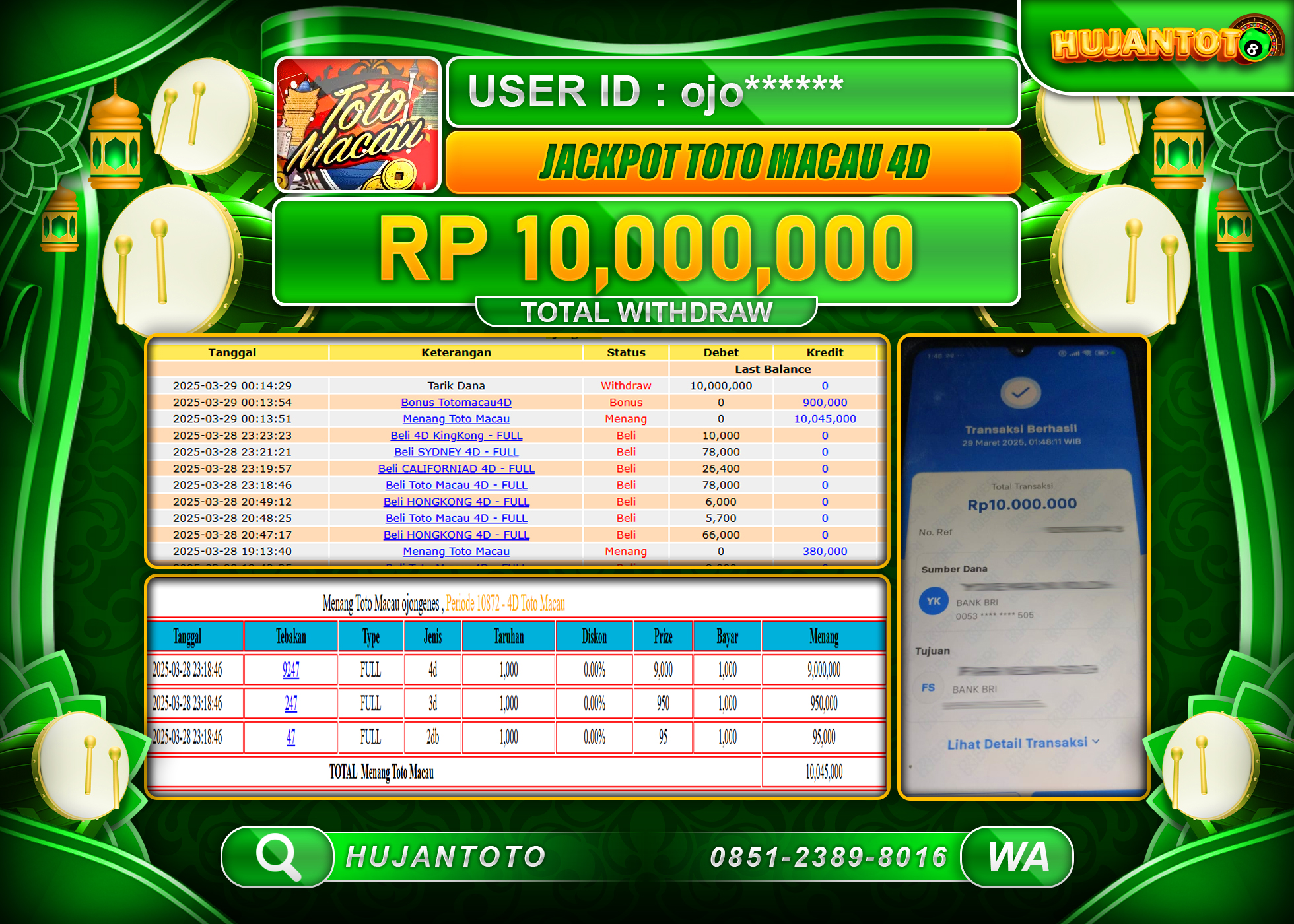 HUJANTOTO - BUKTI JACKPOT MENANG JACKPOT TOGEL TOTO MACAU 4D   Rp,10,000,000 - TERBAYAR LUNAS