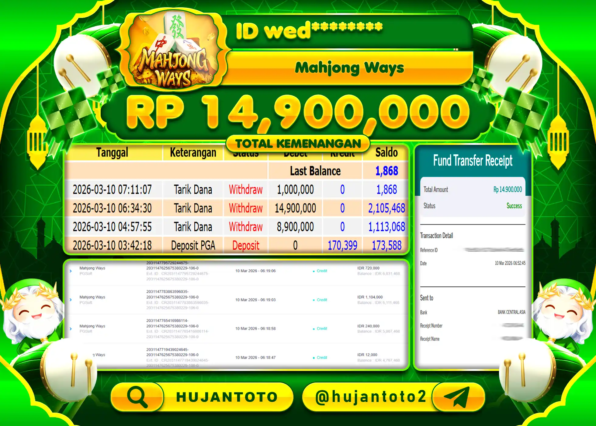 HUJANTOTO - BUKTI JACKPOT MENANG SLOT MAHJONG WAYS Rp.14,900,000 - TERBAYAR LUNAS