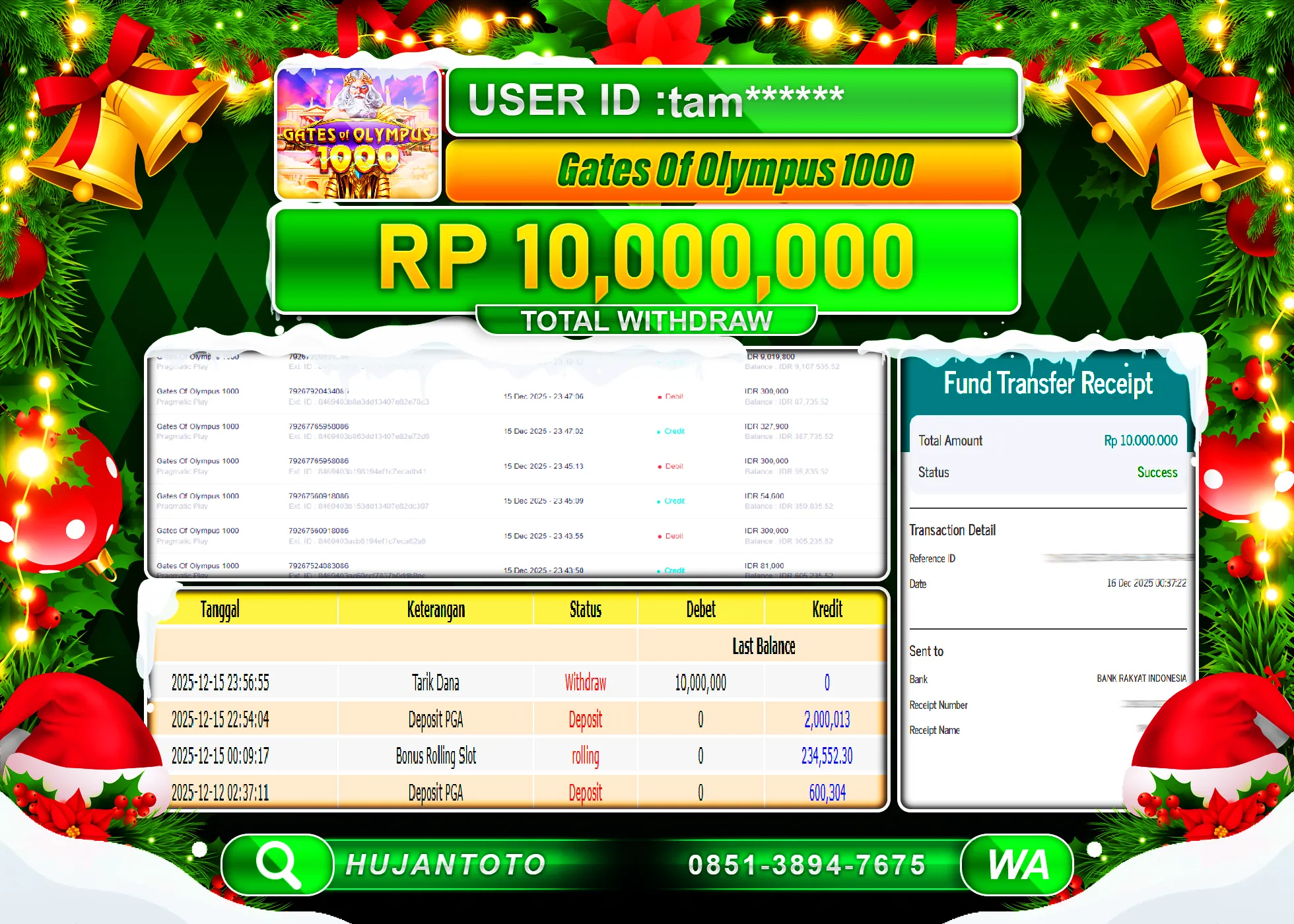 HUJANTOTO - BUKTI JACKPOT MENANG SLOT GATE OF OLYMPUS 1000 Rp.10,000,000 - TERBAYAR LUNAS