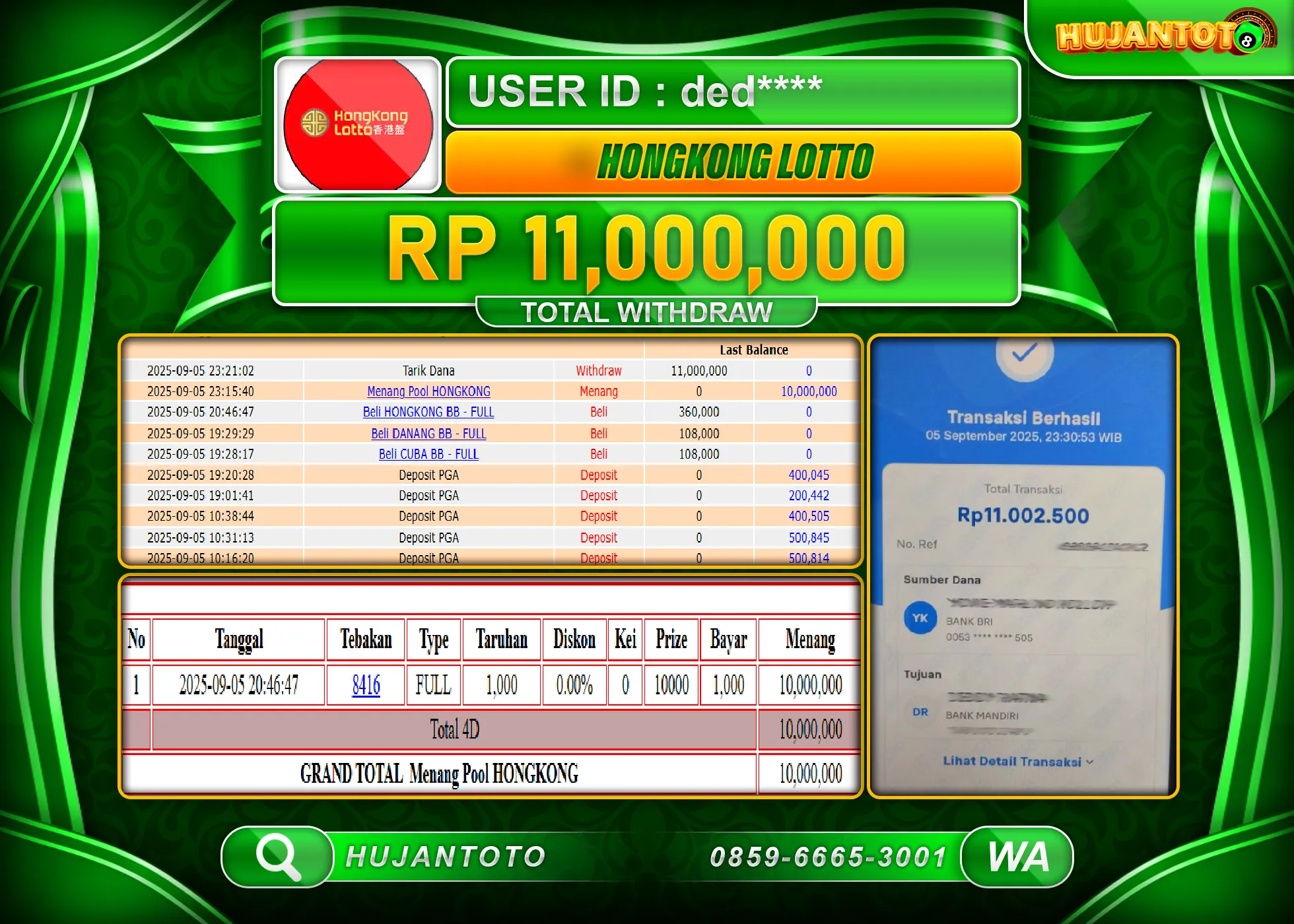 HUJANTOTO - BUKTI JACKPOT MENANG TOGEL HONGKONG LOTTO Rp.11,000,000 - TERBAYAR LUNAS
