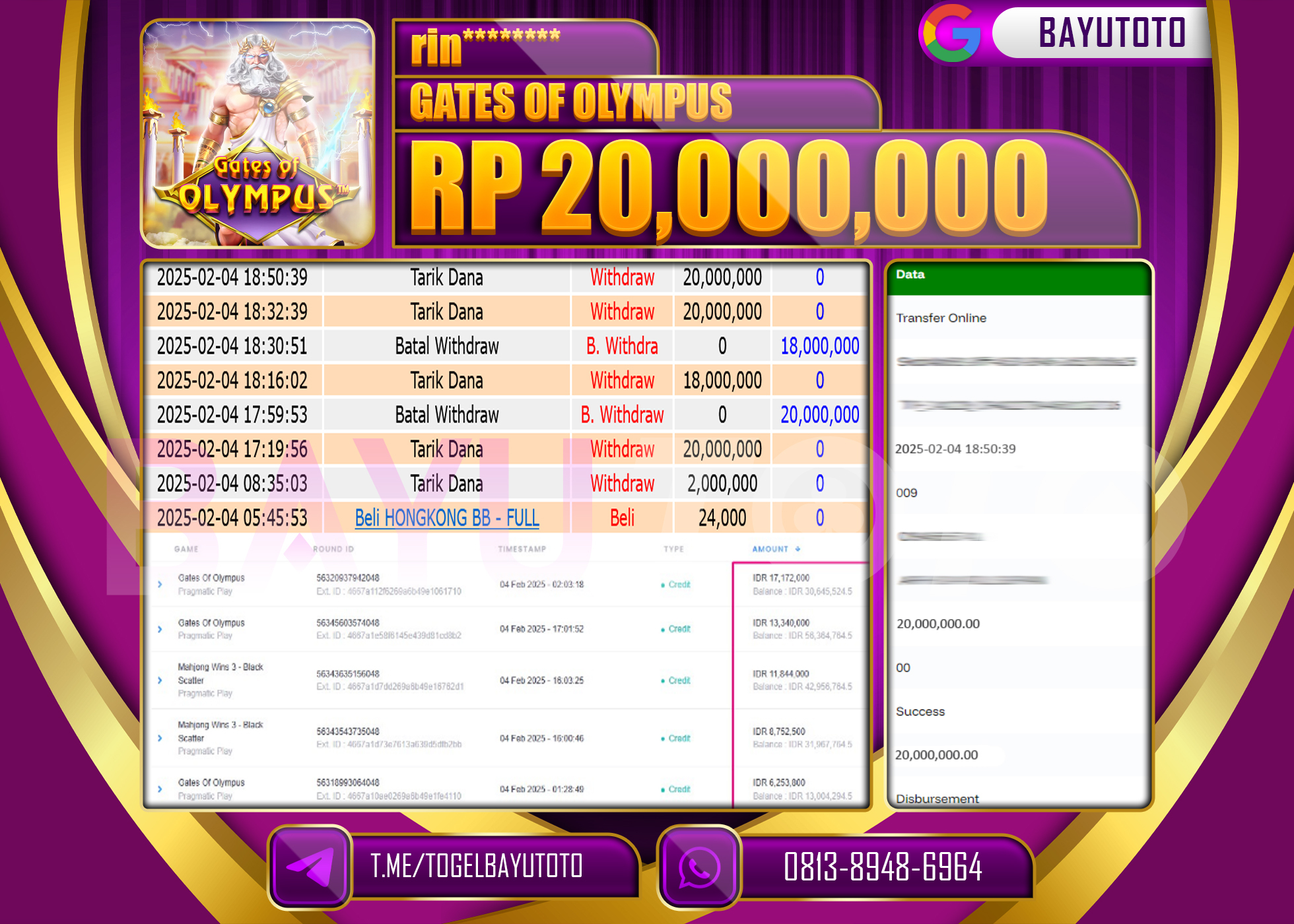 BAYUTOTO JACKPOT DI GAME SLOT GATES OF OLYMPUS  Rp.20.000.000 LUNAS