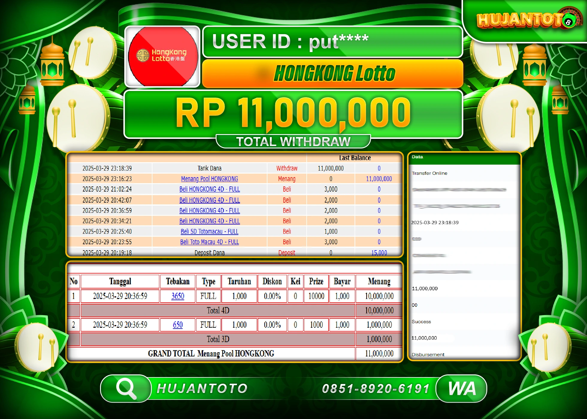 HUJANTOTO - BUKTI JACKPOT MENANG TOGEL HONGKONG LOTTO Rp,11,000,000 - TERBAYAR LUNAS