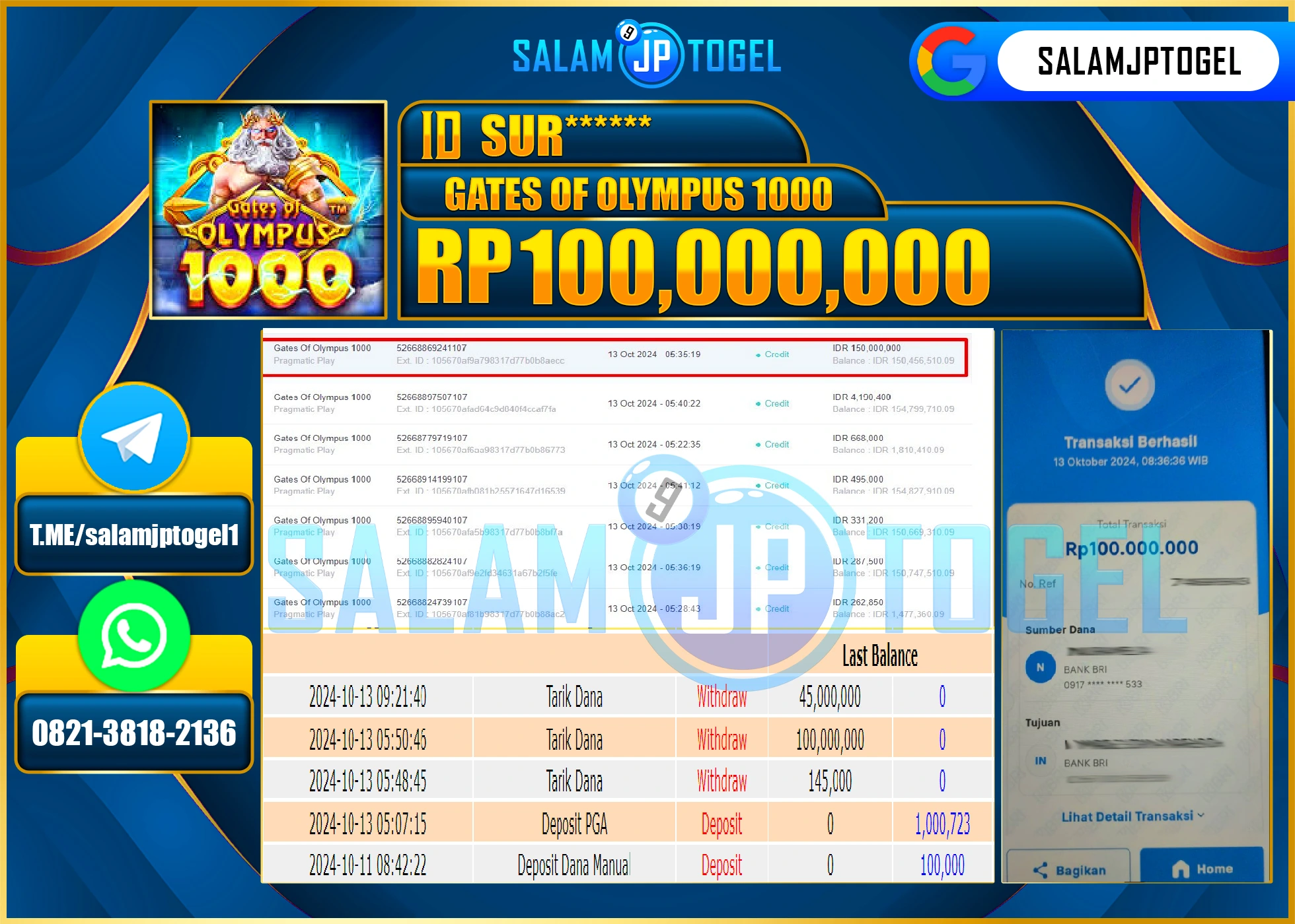 SALAMJPTOGEL MENANG SLOT GATES OF OLYMPUS 1000 RP. 100,000,000 LUNAS