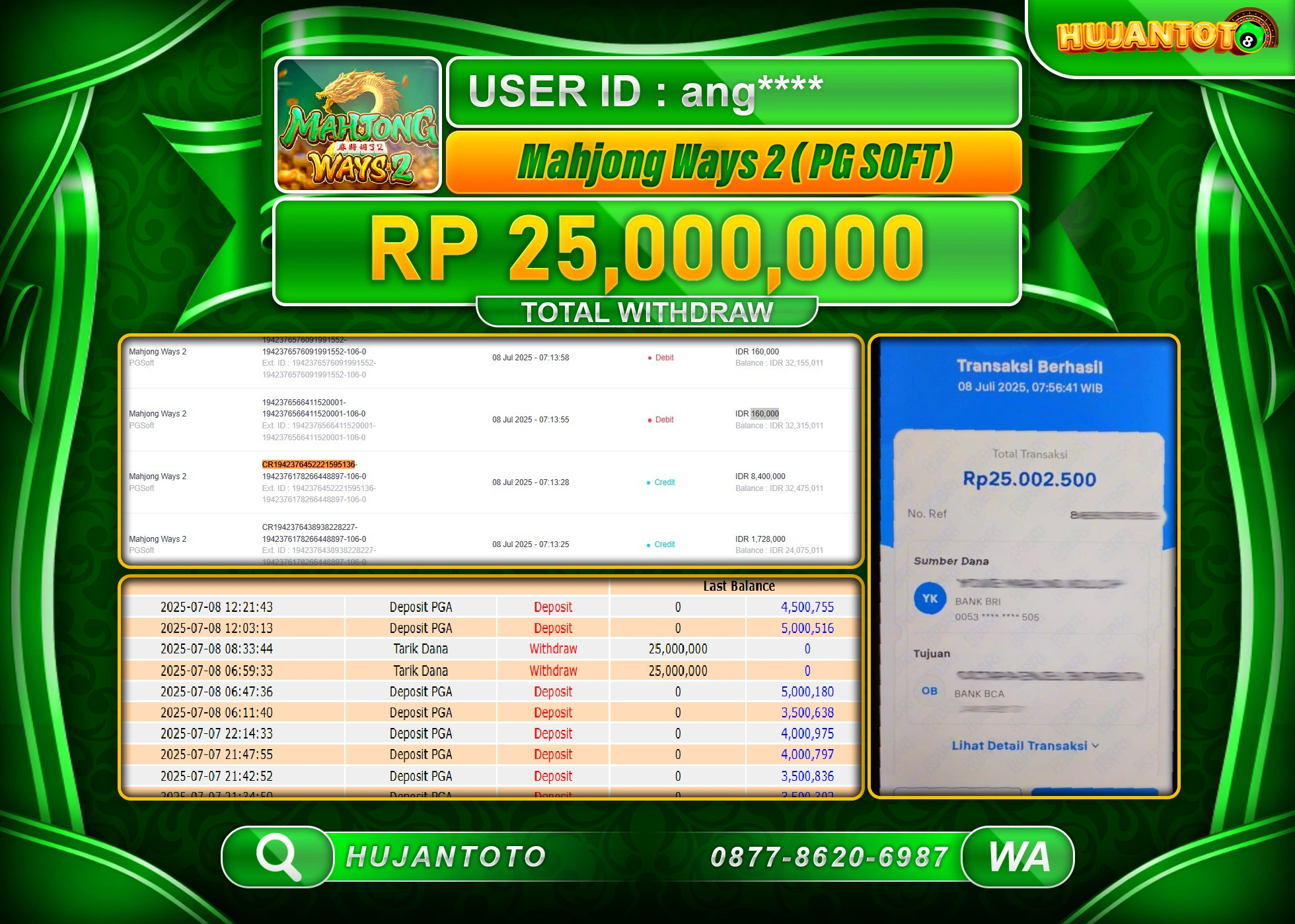 HUJANTOTO - BUKTI JACKPOT MENANG BESAR DI SLOT MAHJONG WAYS 2 Rp.25,000,000 - TERBAYAR LUNAS