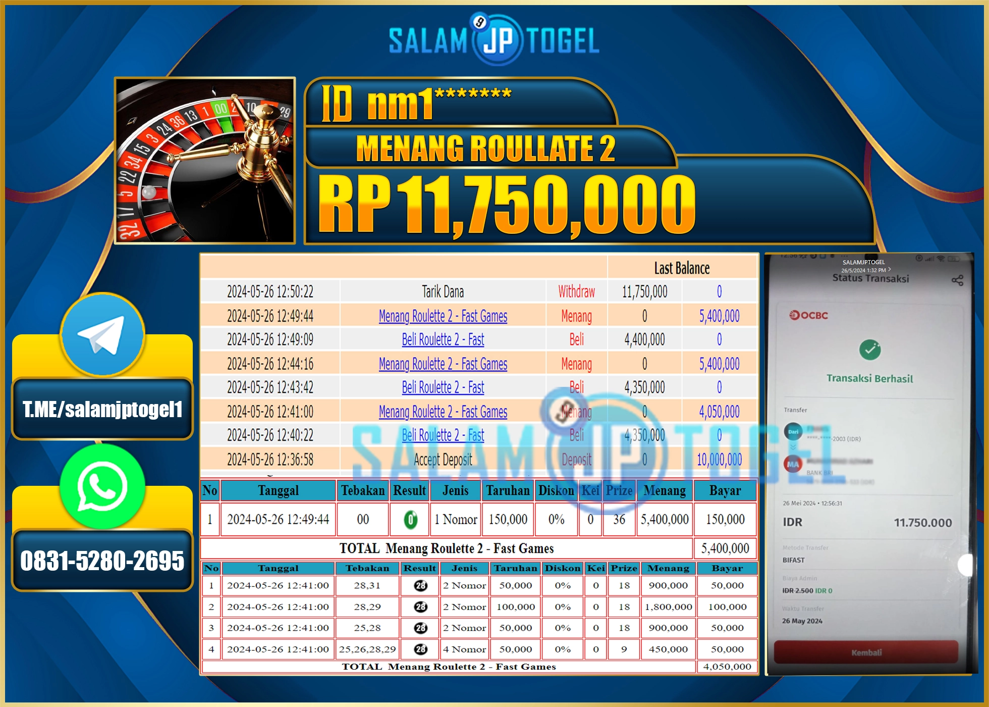 SALAMJPTOGEL MEMBER MENANG Roulette 2  RP. 11,750,000.,LUNAS