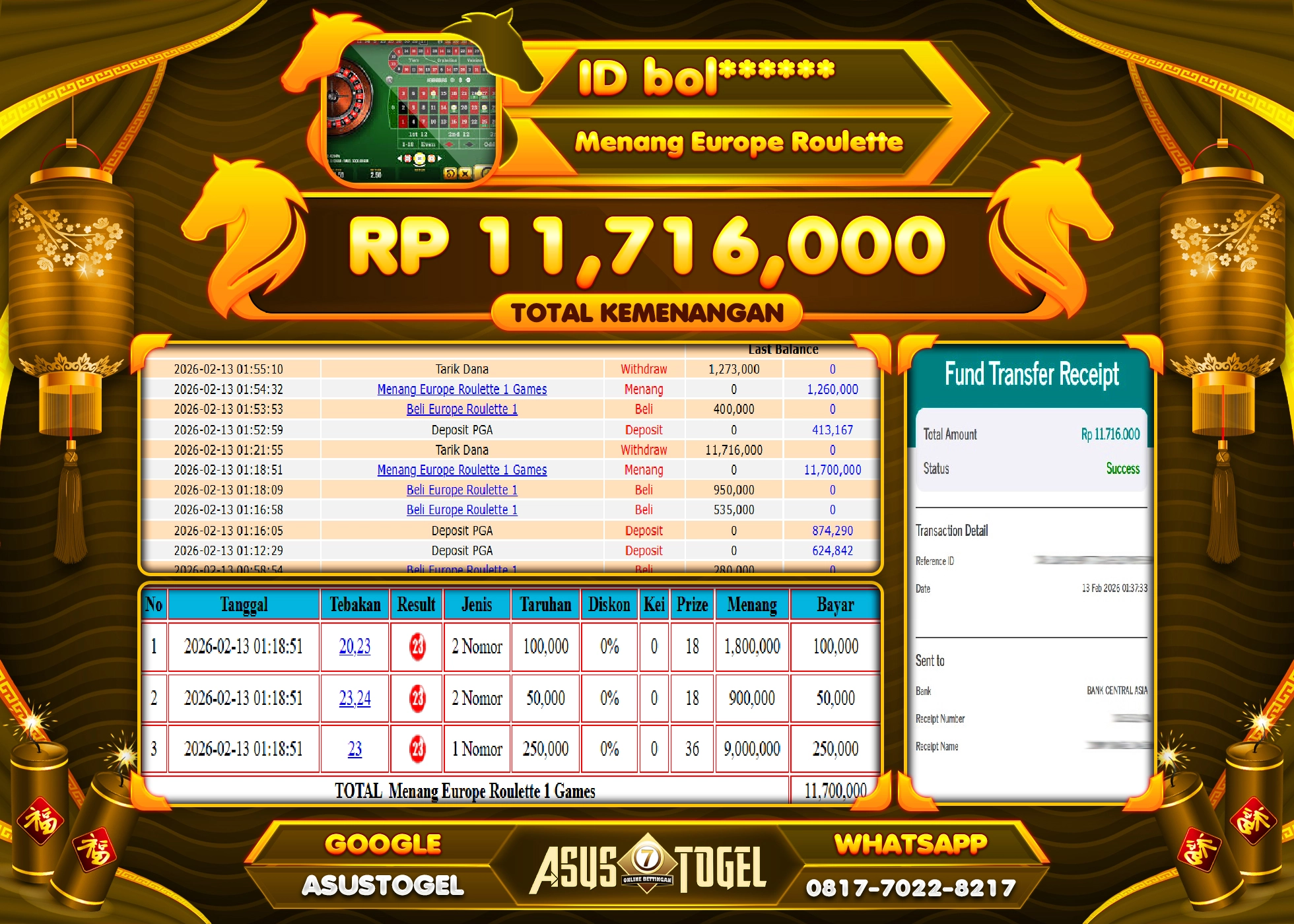 ASUSTOGEL KEMENANGAN DI LIVE GAMES EUROPE ROULETTE SEBESAR 11,716,000 - RUPIAH LUNAS