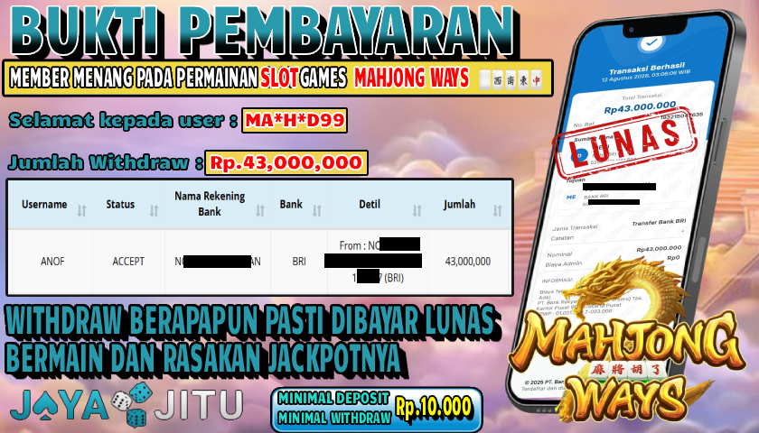🏆 BUKTI KEMENANGAN SLOT MAHJONG WAYS MEMBER  JAYAJITU🏆