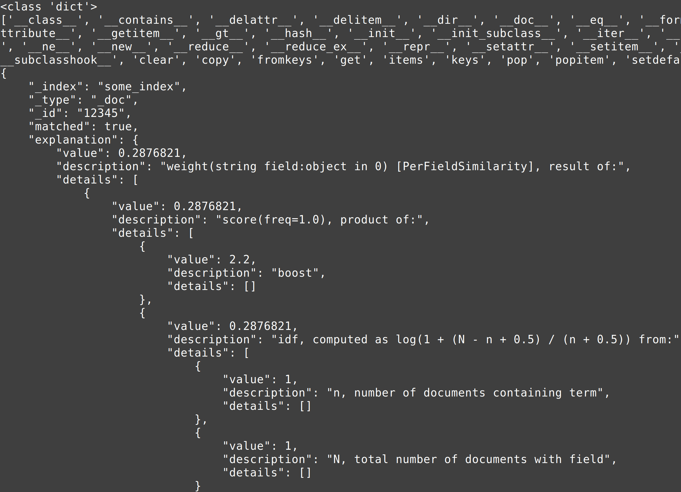 Screenshot of the Elasticsearch Explain API call in Python returning query data