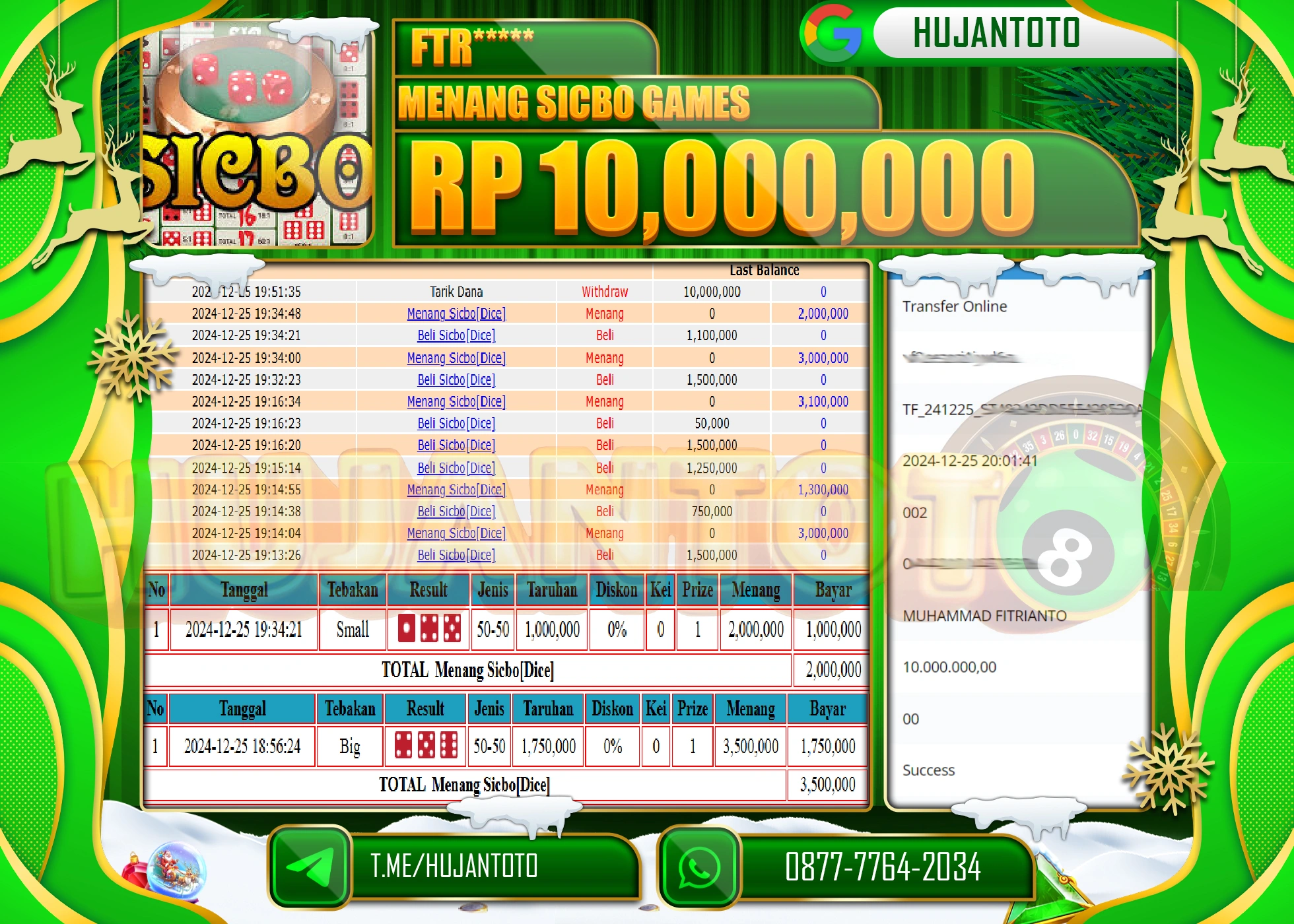 HUJANTOTO SELAMAT ATAS KEMENANGAN YANG DI RAIH DI PERMAINAN LIVE SICBO GAMES SEBESAR - 10,000,000 - TERBAYAR LUNAS