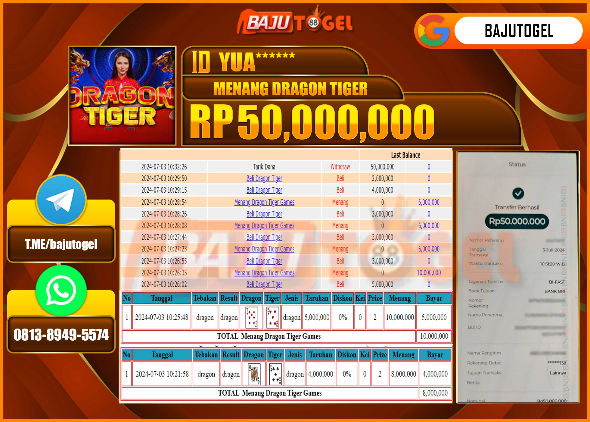 BAJUTOGEL JACKPOT DRAGON TIGER Rp.50.000.000 LUNAS