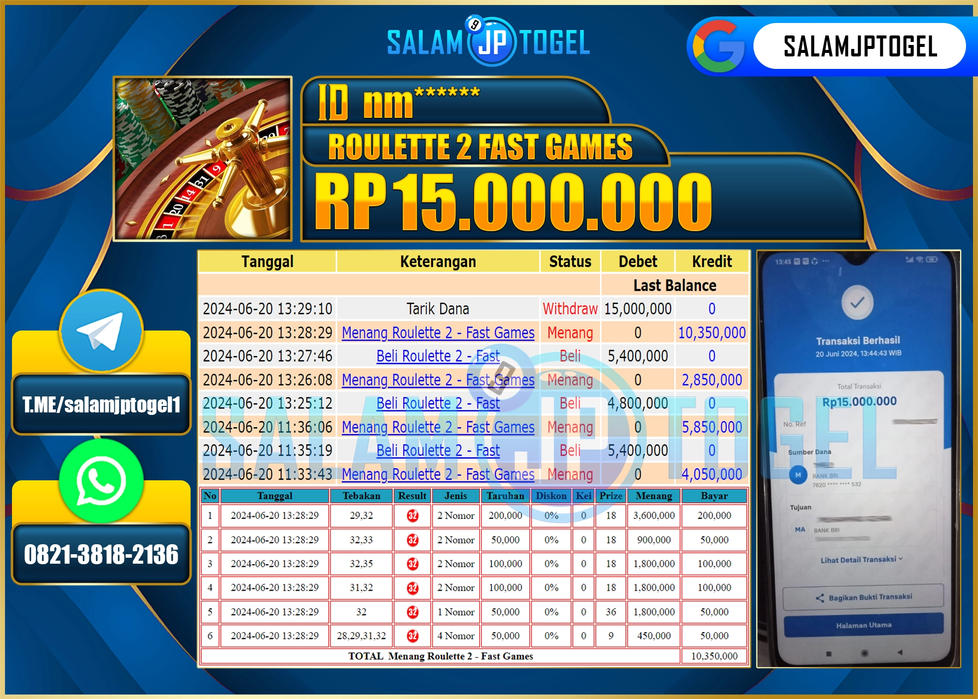 SALAMJPTOGEL MENANG ROULETTE 2 FAST GAMES  RP. 15,000,000.,LUNAS