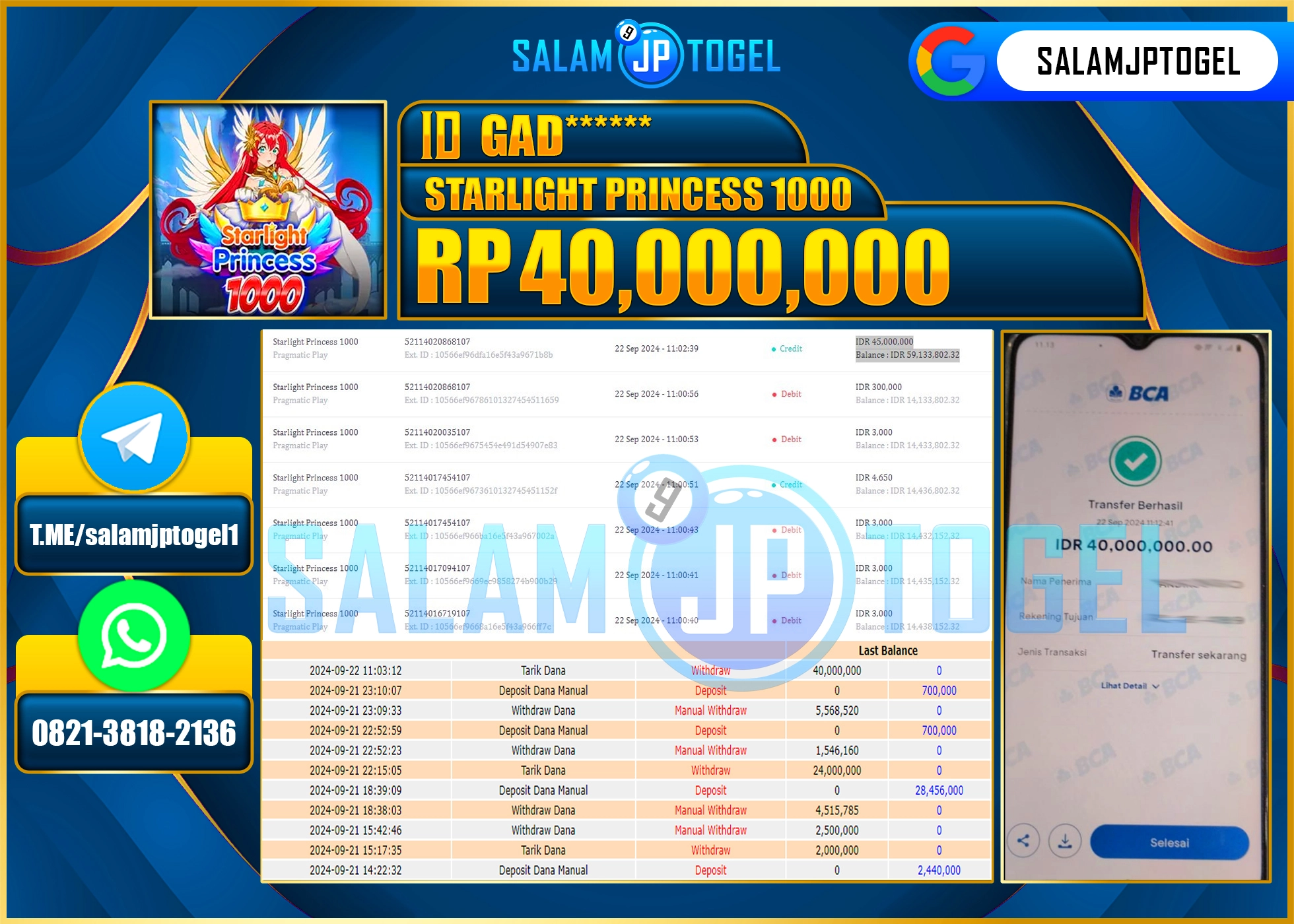 SALAMJPTOGEL MENANG Starlight Princess 1000 RP. 40,000,000 LUNAS