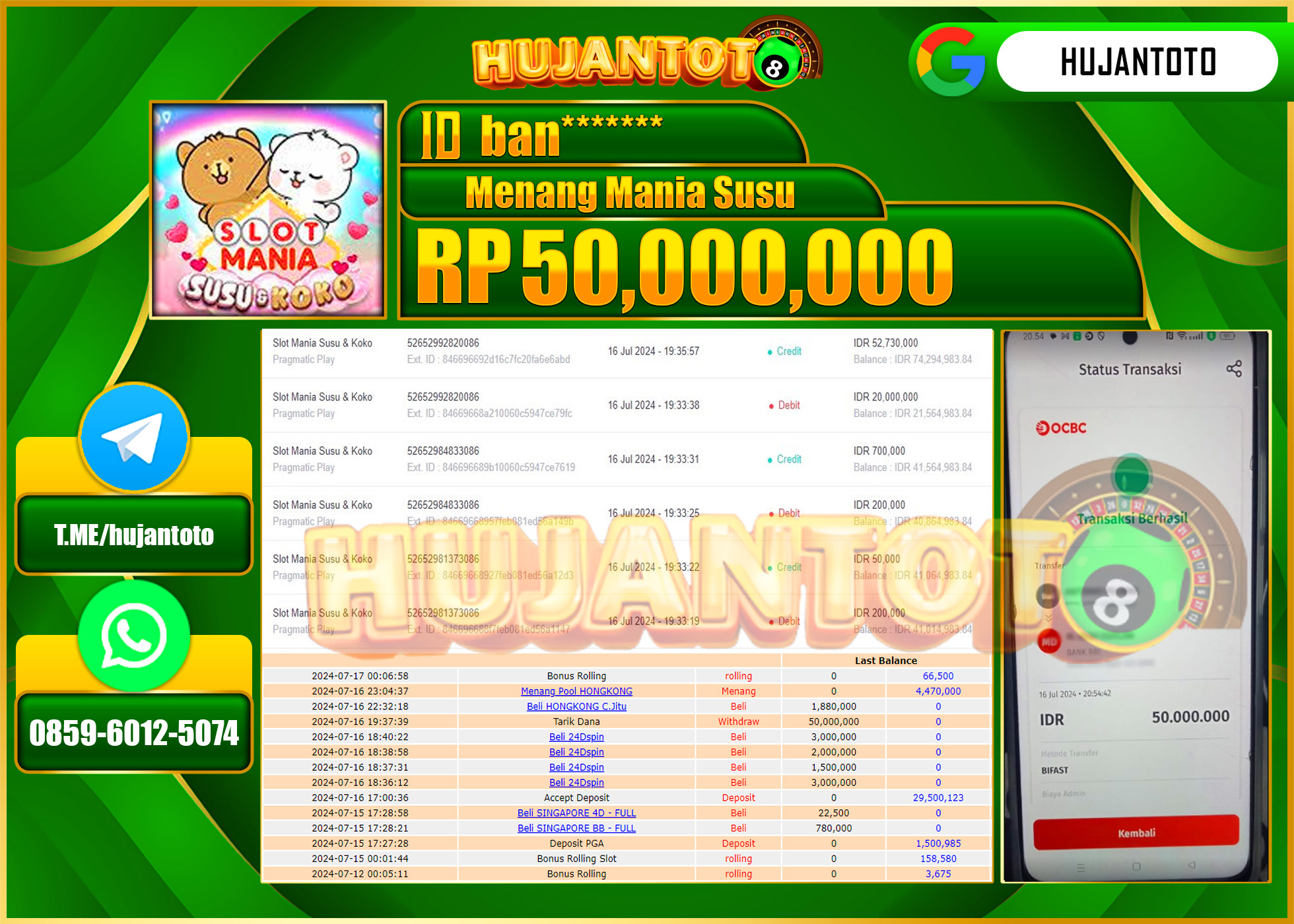 HUJANTOTO MENANG PERMAINAN SLOT MANIA SUSU (PRAGMATIC PLAY) 50.000.000 - LUNAS 
