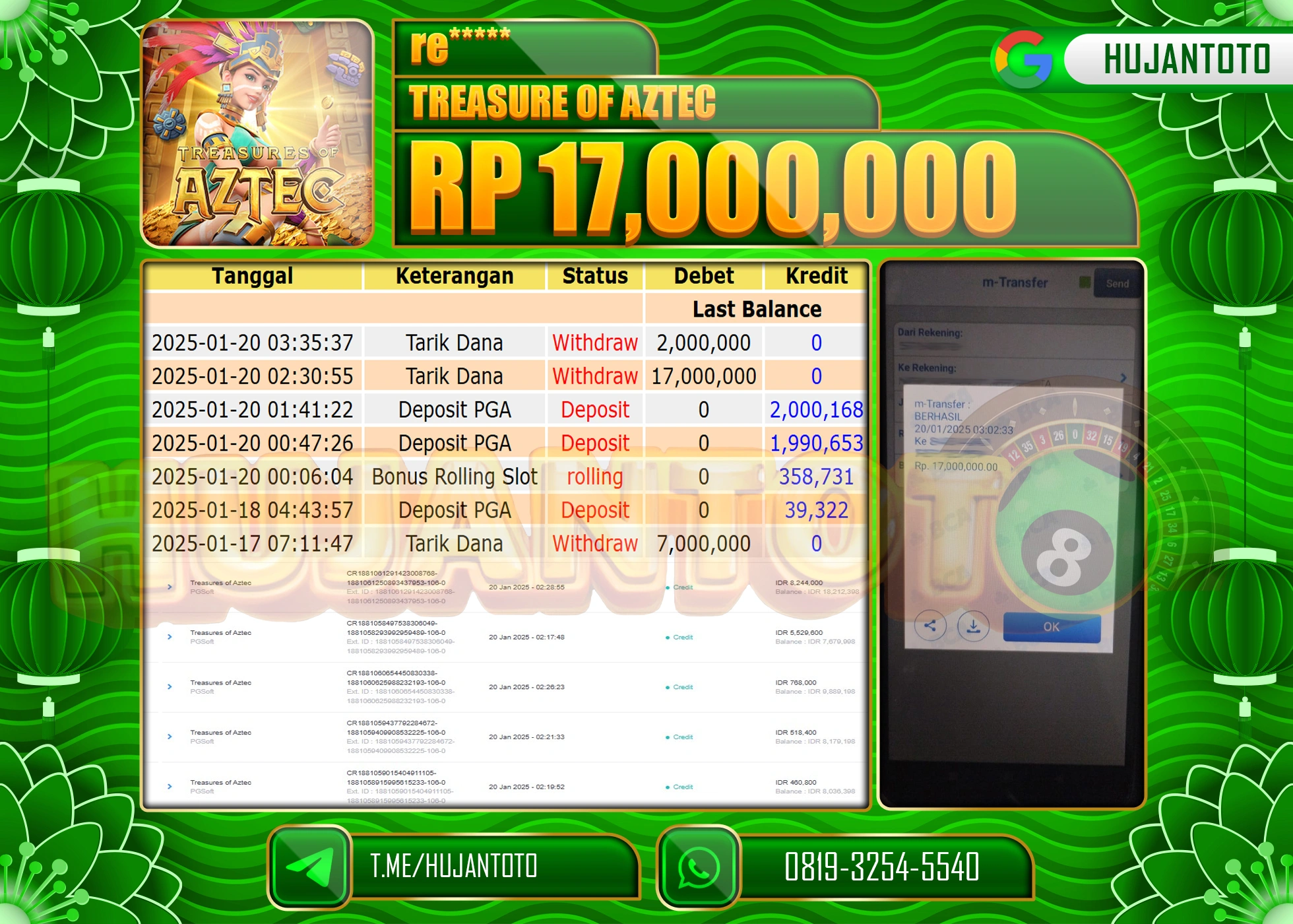 HUJANTOTO - BUKTI JACKPOT DI PERMAINAN SLOT TREASURE OF AZTEC  Rp,17,000,000  - TERBAYAR LUNAS