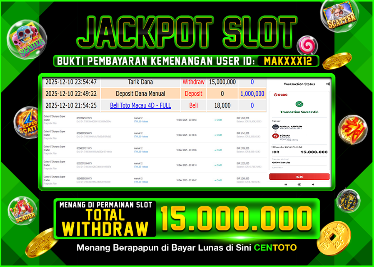 BUKTI JACKPOT SLOT CENTOTO  RP.15.000.000,-LUNAS