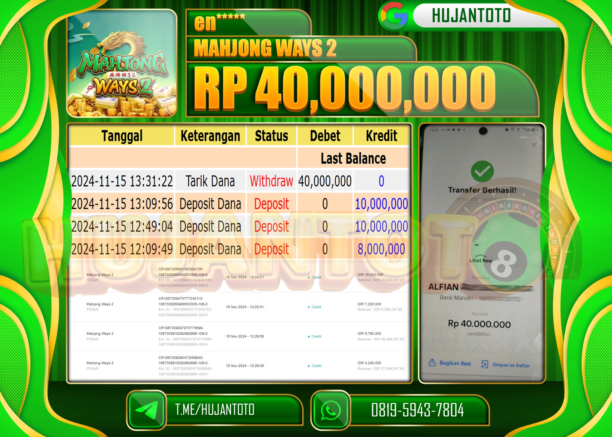 HUJANTOTO MENANG BESAR DI RAIH DI PERMAINAN SLOT MAHJONG WAYS 2 - 40,000,000 - LUNAS