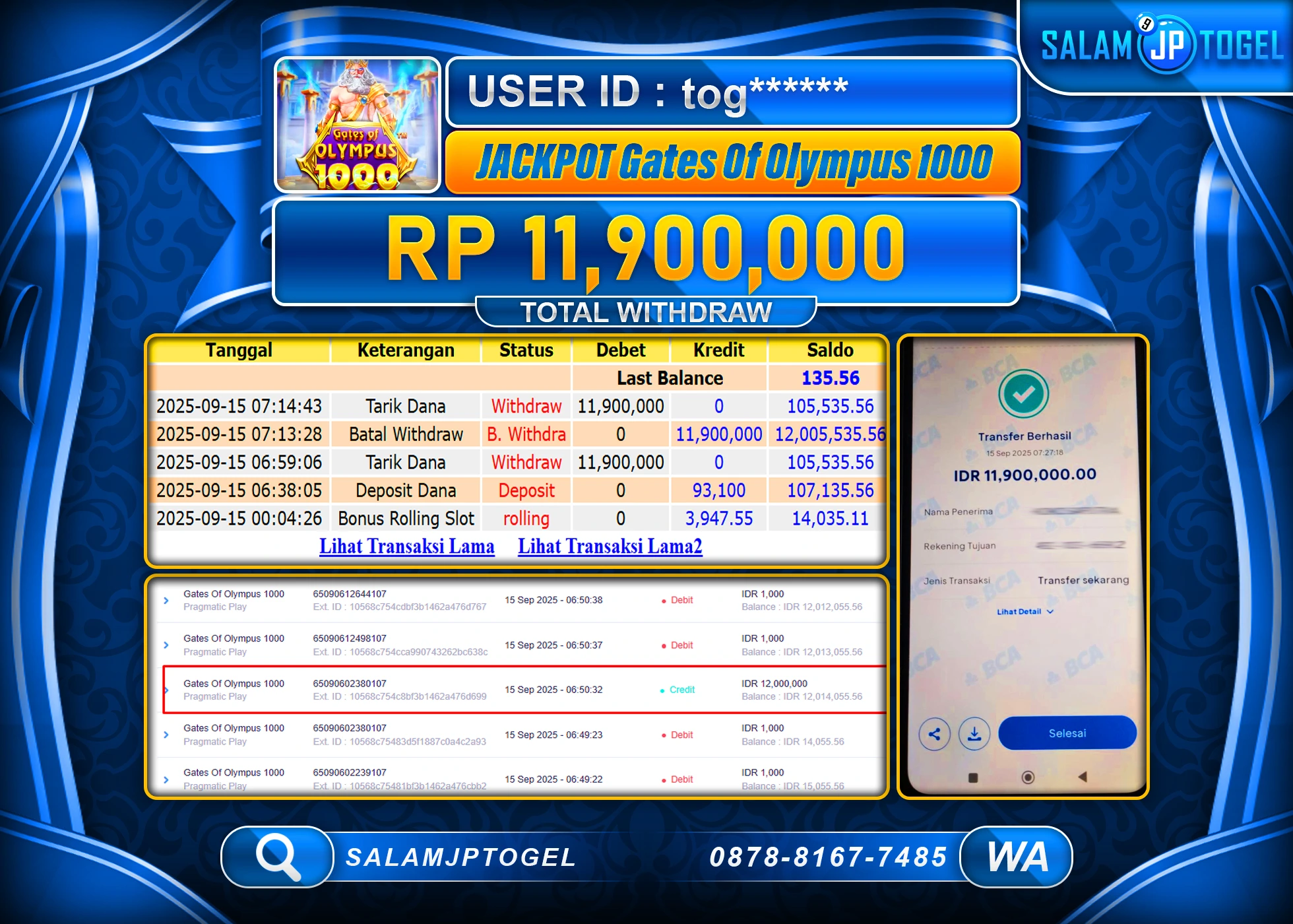 SALAMJPTOGEL MENANG GATES OF OLYMPUS 1000  Rp.11,900,000